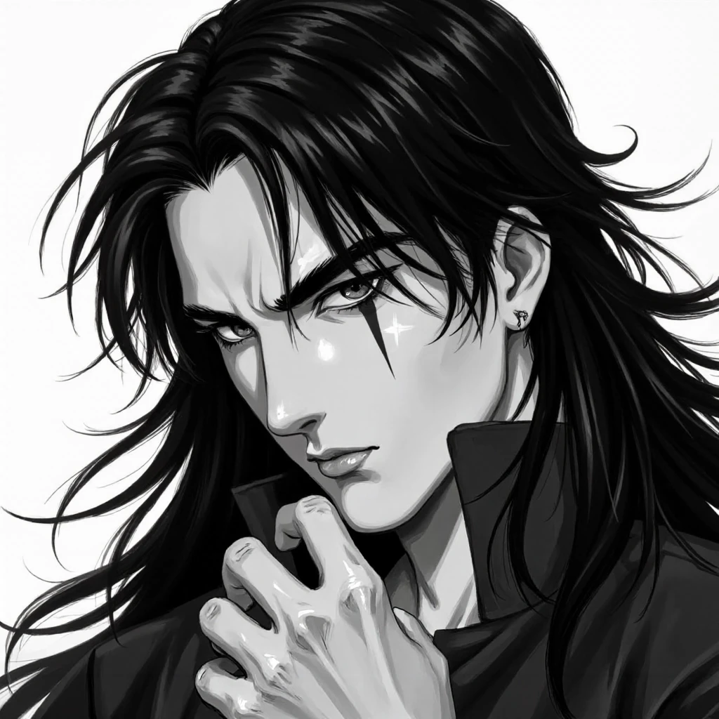 retro_anime, a man with long dark hair, sporting a cut eyebrow, earring, intense expression, air of mystery, black and white, high contrast, dynamic pose, shadowing, expressive lines, digital painting, dramatic lighting.