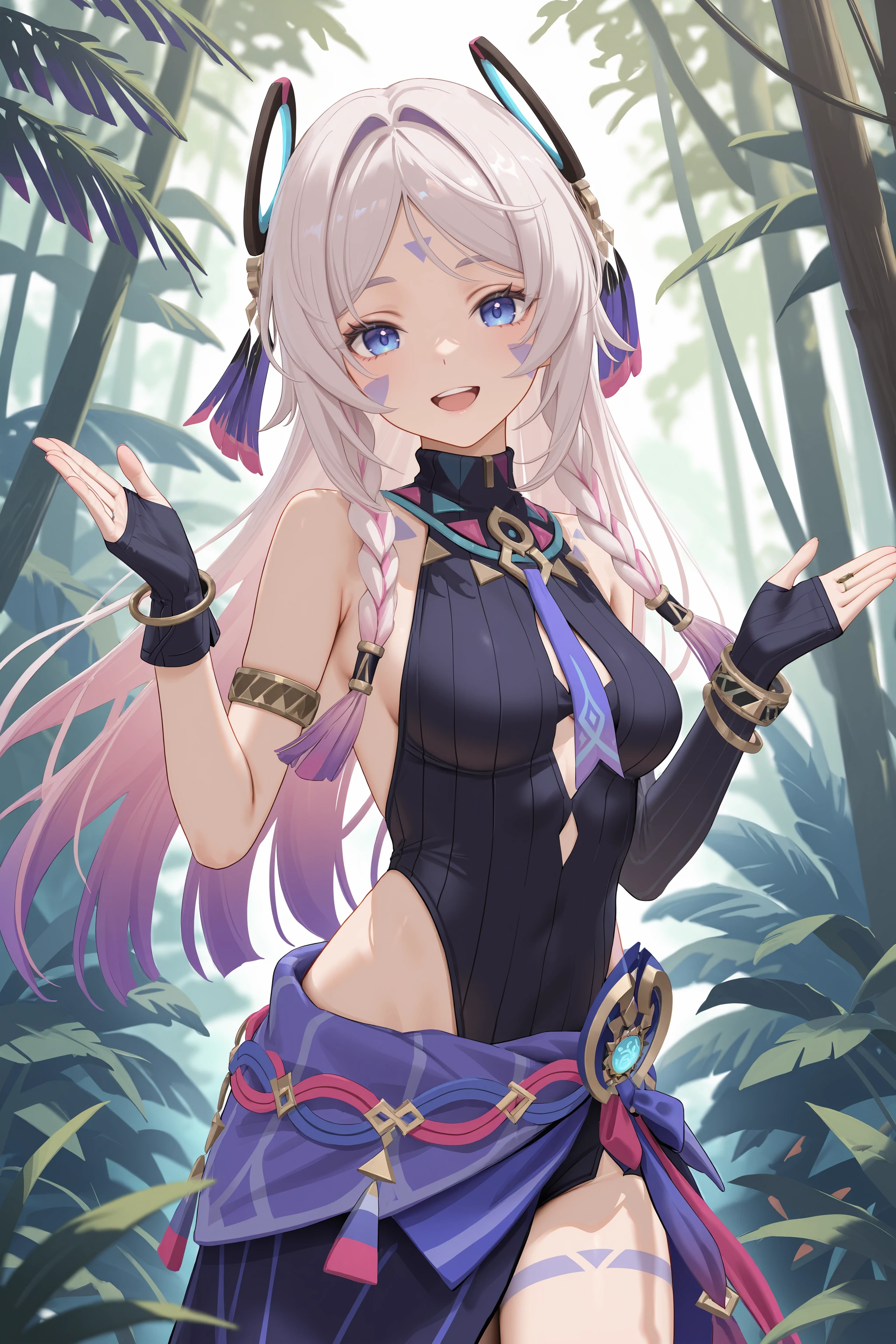 1girl, citlali \(genshin impact\), fingerless gloves, armlet, sarong, facial mark, bracelet, ring hair ornament, turtleneck leotard, leg tatoo, single gauntle, looking at viewer, smiling, open mouth, jungle, outdoors, depth of field, standing, cowboy shot , <lora:Char-Genshin-Citlali-V1-IL:0.9:hr=0.4>
masterpiece, best quality, amazing quality, very aesthetic, absurdres, perfect features, perfect body, intricate details, ray tracing, (ask \(askzy\), mignon, wlop:0.6)