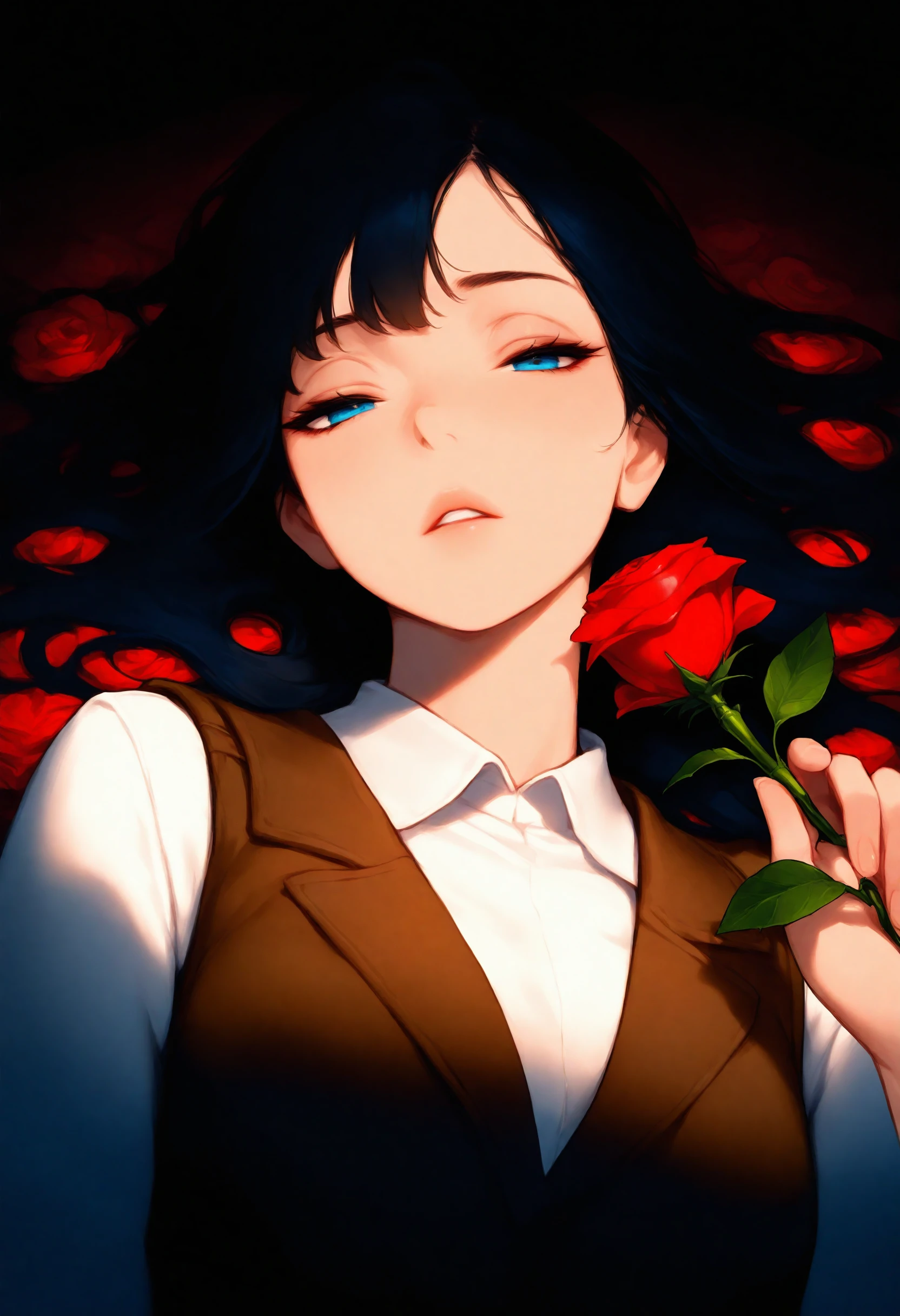 masterpiece, best quality, very aesthetic, 1girl, solo, lying, on back, parted lips, dark hair, long hair, looking at viewer, holding rose, blue eyes, half-closed eyes, white collared shirt, brown vest, upper body, dim