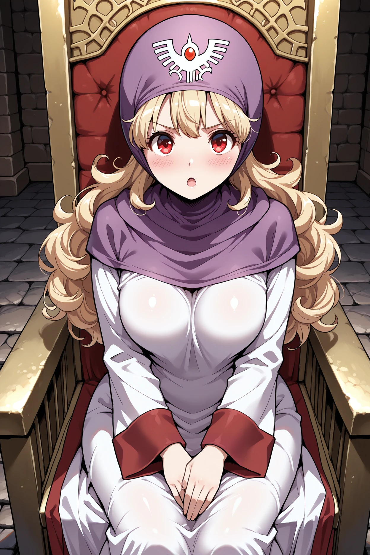 masterpiece, best quality, 1girl, solo,  <lora:dqpom-illu-nvwls-v1-000005:1> dqPom, purple hood, hood up, blonde hair, curly hair, long hair, red eyes, white robe, long sleeves, sitting, throne, breasts, looking at viewer, open mouth, blush, hands down, indoors, medieval, stone floor