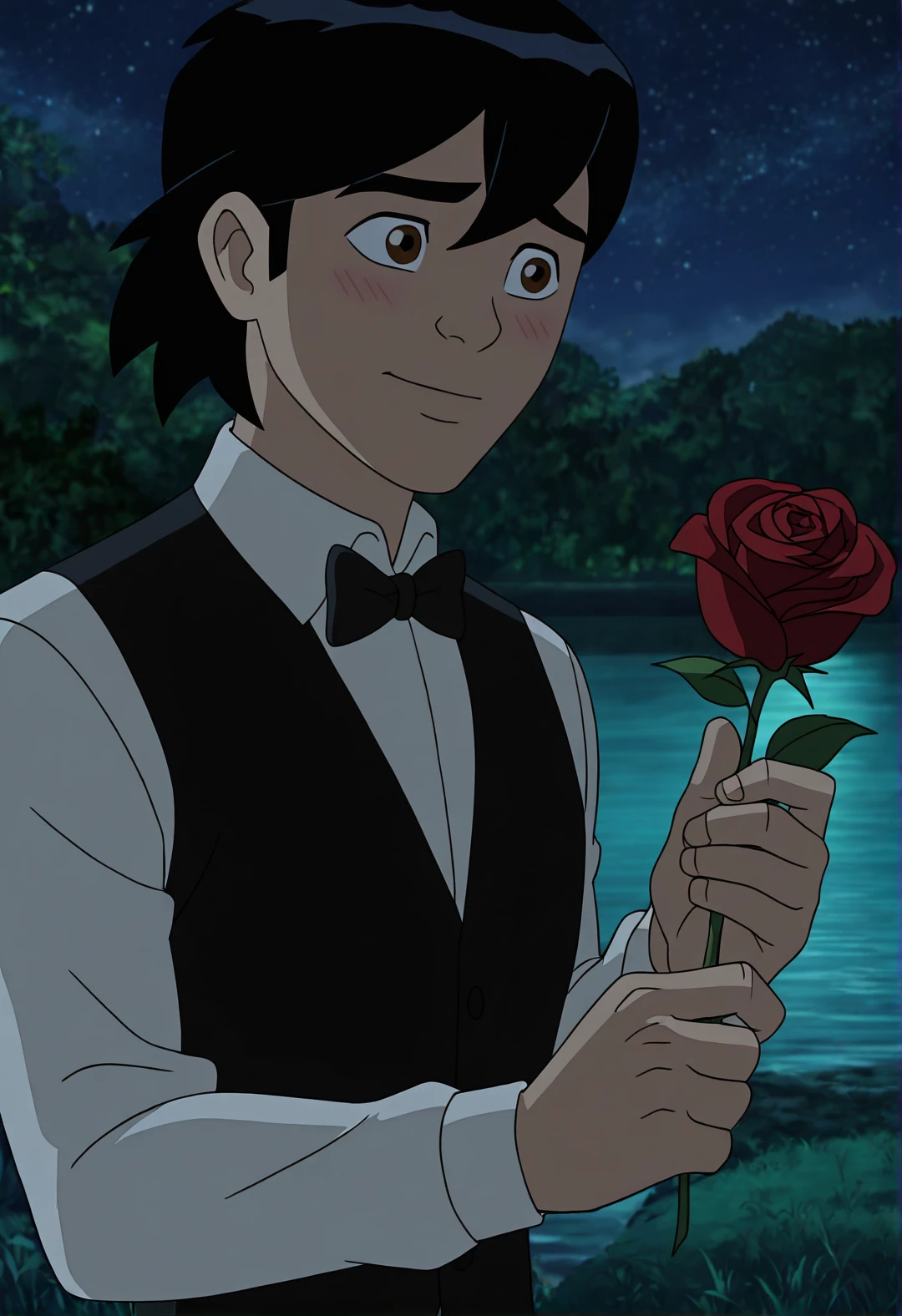 masterpiece,absurdres,best quality,very aesthetic,newest,volumtric lighting,male,solo,amadeus cho,adult,black hair, brown eyes, black tuxedo,long sleeves,white shirt,collared shirt,black bow tie,nervous,slight smile,closed mouth,light blush,(screencap:1.4),outdoors,lake,dark,starry sky,holding rose,<lora:Ultimatespidermanstyle:0.75>,ultsm99,