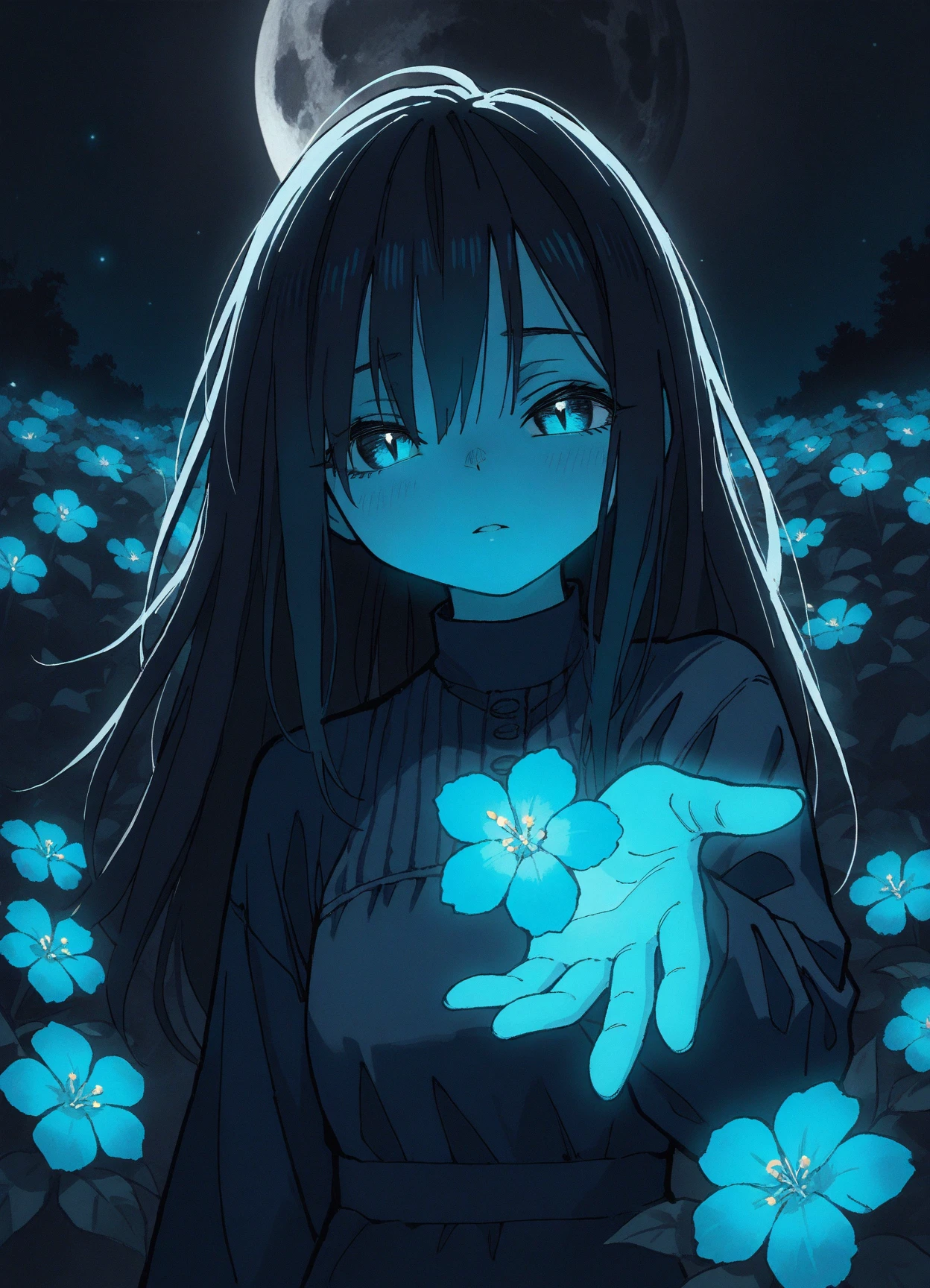 masterpiece,  best quality, amazing quality, 
flat colors,
slit pupils, flowers, portrait, upper body, narrowed eyes, 
1girl, solo, looking at viewer, facing viewer, reaching towards viewer, foreshortening,
detailed background, flowers, black sky, night, star \(sky\), moon, blue glowing theme,
<lora:tsubura-wai:0.8> <lora:ponyv4_noob1_2_adamW-000017:0.3>