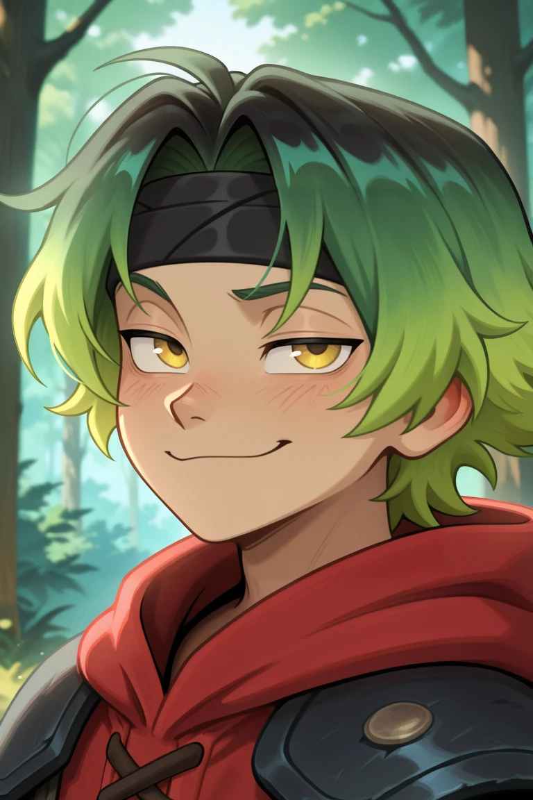 <lora:MizerIL:0.7>, MzeDef, MzeAlt, 1boy, short hair, green hair, gradient hair, yellow eyes, black headband, black shoulder pads, red hood, hood down, red shirt, ((face, close-up, portrait)), looking at viewer, smug, smile, exterior, forest, masterpiece, very aesthetic, absurdres, best quality, amazing quality, high resolution, newest, very awa, <lora:illustrious_quality_modifiers_masterpieces_v1:0.8> , <lora:ChamIllustriousBackgroundEnhancer:0.5>,  (solo),