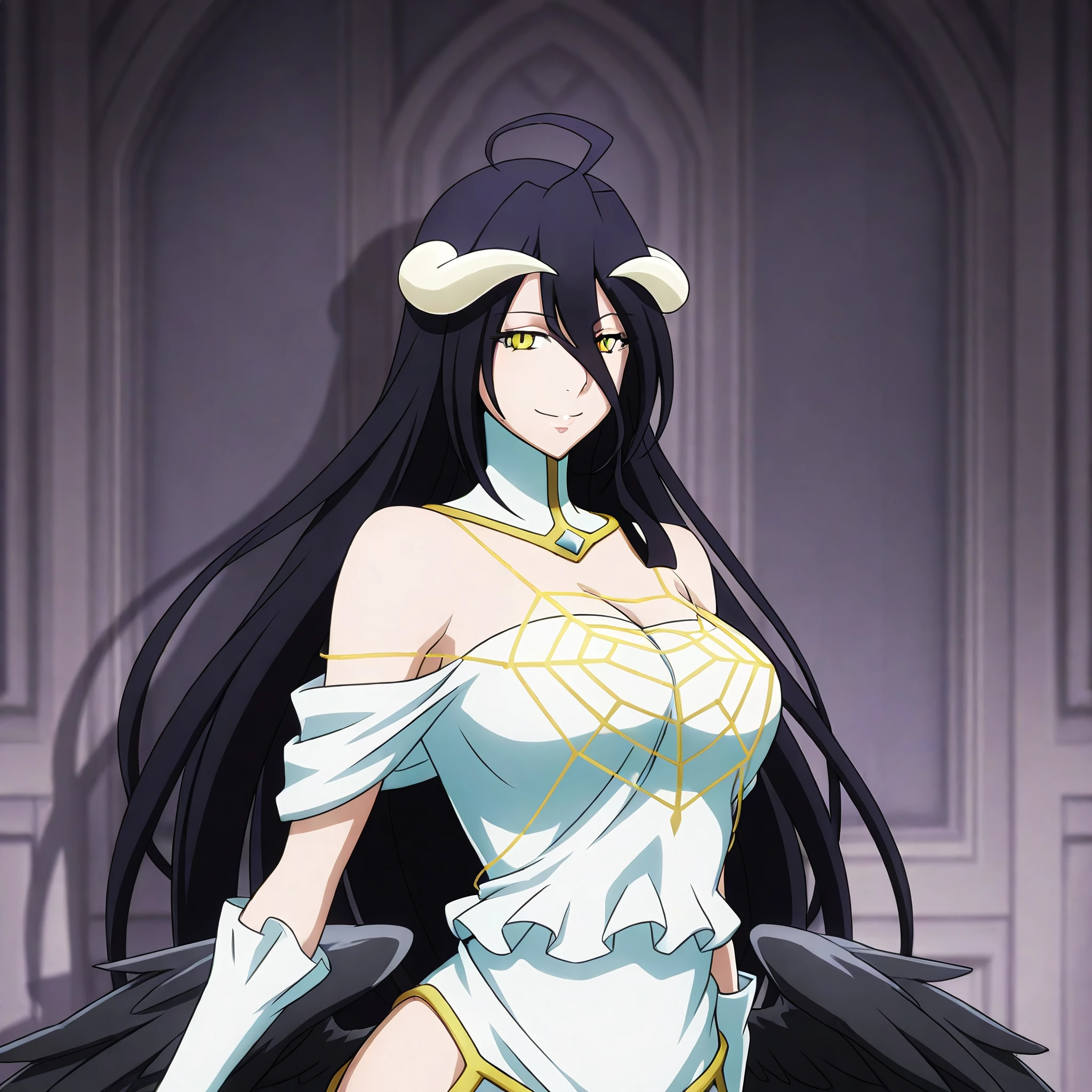 albedo_overlord, defaultoutfit, 1girl, solo, long hair, wings, horns, gloves, black hair, yellow eyes, dress, black wings, white gloves, demon girl, large breasts, ahoge, white dress, demon horns, bare shoulders, looking at viewer, hip vent, low wings, very long hair, feathered wings, feathers, dark alleyway background, seductive smile, upper body<lora:Albedo-IllustriousXL:1>, (masterpiece),(best quality),(ultra-detailed),(best illustration),(best shadow),(absurdres),(detailed background),(very aesthetic),