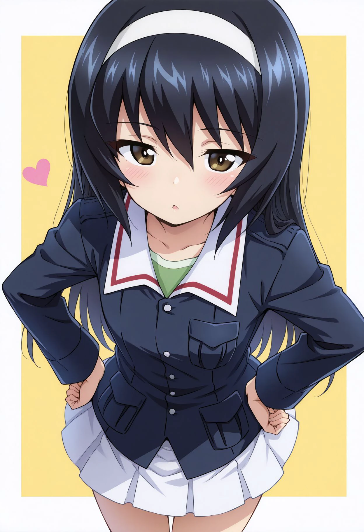 masterpiece, high score, great score, absurdres, <lora:Reizei illu:1>, Reize Mako, 1girl, reizei mako, ooarai military uniform, long hair, black hair, pleated skirt, green shirt, brown eyes, looking at viewer, white skirt, long sleeves, hands on hips, heart, miniskirt, cowboy shot, standing, bangs, yellow background, open mouth, blue jacket, white hairband, outside border, blush, parted lips
