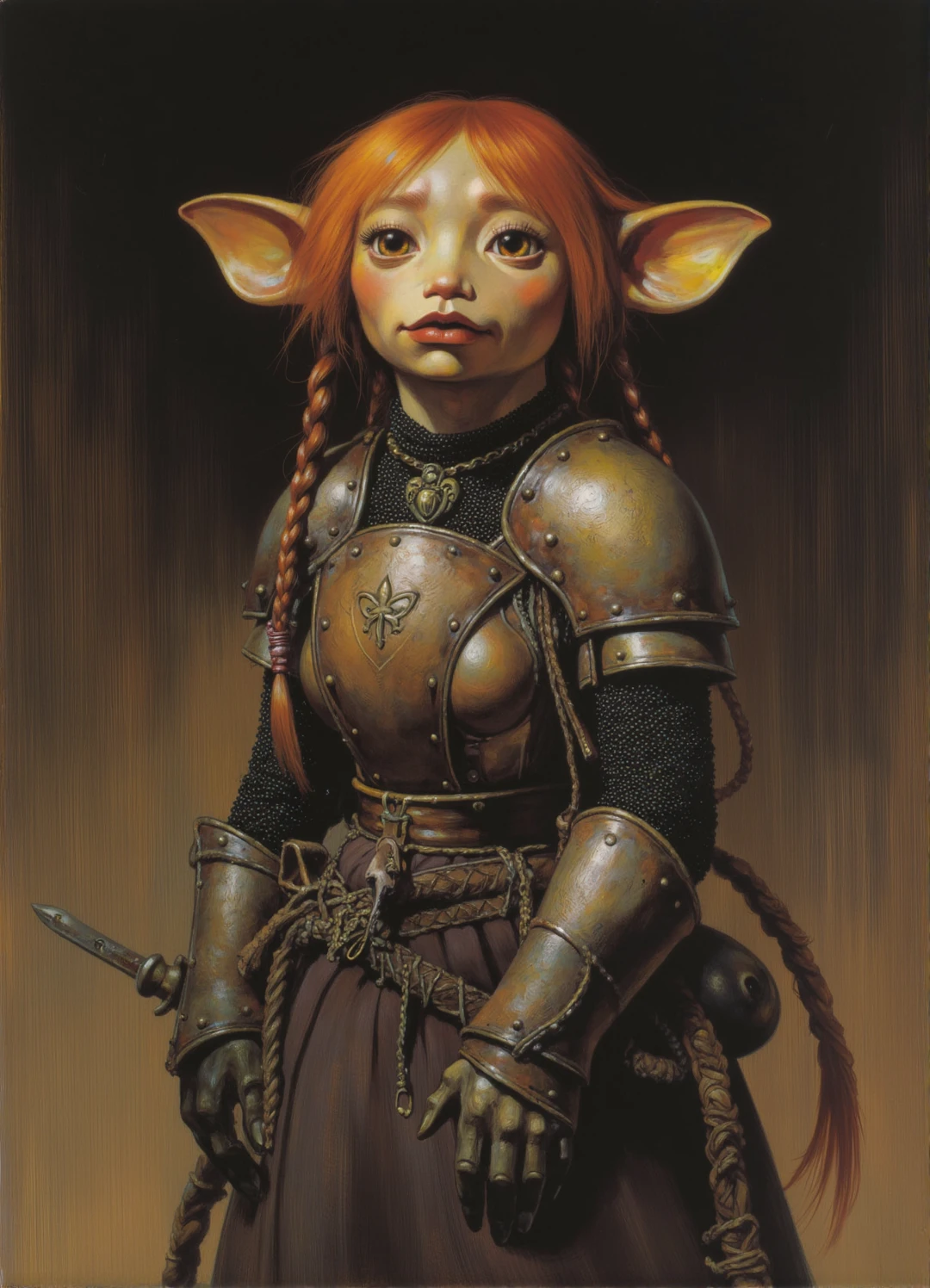 frank frazetta dark fantasy oil painting of a female gelfling with large ears and large round eyes, red hair in two short side pigtails, wearing medieval chainmail armor under a ragged old robe