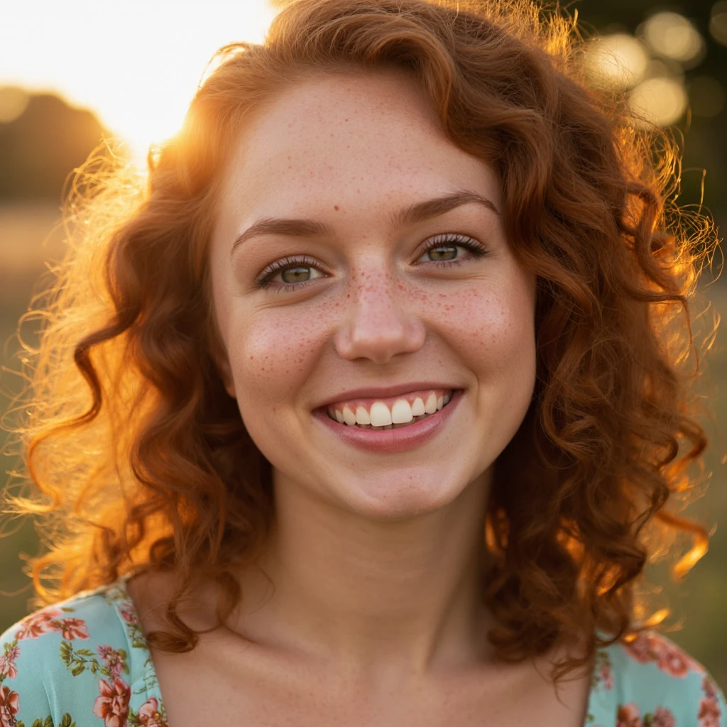 Photorealistic mode, ultra-detailed textures, golden hour lighting, era 2020s contemporary realism, casual summer style, solo, joyful style, Rating SFW, a close-up portrait of a cheerful young woman with curly auburn hair, ¬her radiant smile lighting up her soft freckled face, subtle highlights from the warm sunlight emphasizing the natural texture of her skin, ¬wearing a light floral blouse, visible details of fine peach fuzz on her cheek, cinematic filter for a nostalgic and vibrant aesthetic, hyperrealistic resolution, 8k.