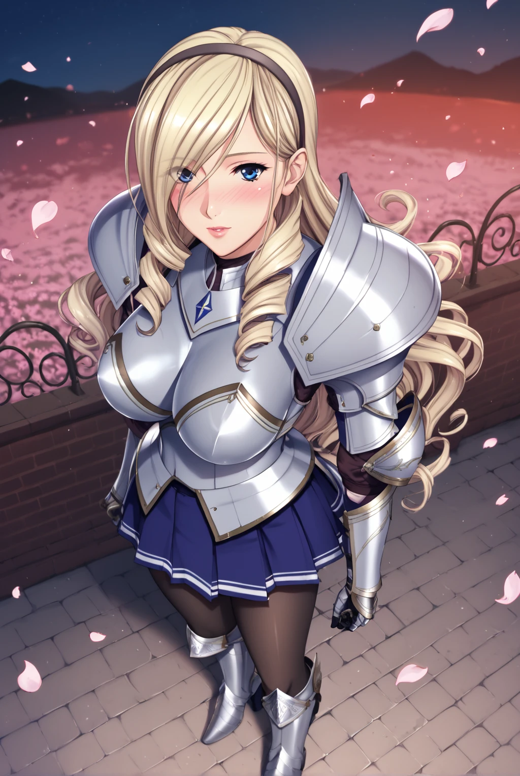 score_9, score_8_up, score_7_up, realistic, solo, 1girl, Celia Cumani Aintree, long hair, blonde hair, drill hair, blue eyes, large breasts, pleated skirt, hairband, hair over one eye, blue skirt, black pantyhose, curly hair, armor, high heels, petals, thigh boots, shoulder armor, gauntlets, pauldrons, boobplate, armored dress, armored boots, blush, standing, looking at viewer, night, outdoors, (vulcano, red sky, dust:1.2), from above