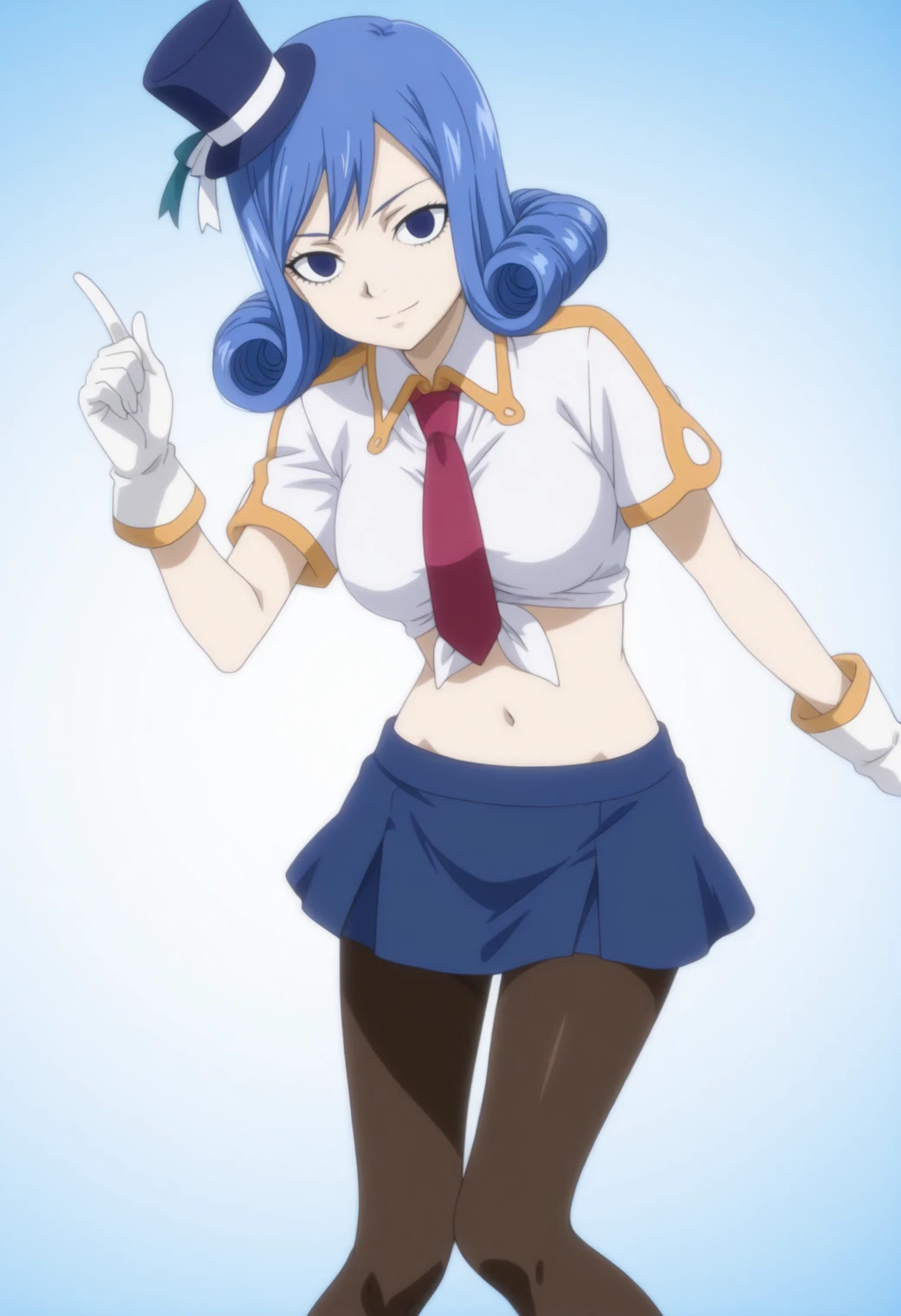 masterpiece, best quality, amazing quality, anime screencap, anime anime coloring,  solo, 1girl,  <lora:DX888JuviaIL2:1>edojuvia, blue hair, blue eyes, curly hair
mini hat, red necktie, tied shirt, white gloves,,  navel, uniform, mini skirt, pantyhose, ,light smile,  BREAK gradient background, white  background,, simple background, BREAK  yokozuwari,, (dynamic pose:1.2),   feet out of frame, index finger raised,