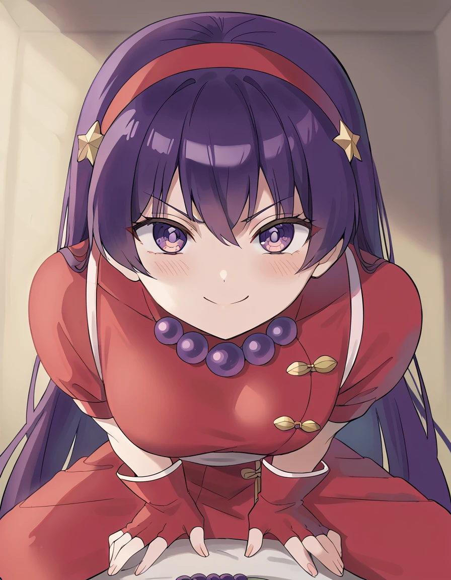 score_9, score_8_up, score_7_up, source_anime, <lora:athena-asamiya-kof98-ponyxl-lora-nochekaiser:1>, athena asamiya, long hair, hair ornament, purple eyes, purple hair, hairband, star (symbol), star hair ornament, red hairband,, gloves, jewelry, pants, fingerless gloves, necklace, bead necklace, chinese clothes, dress, red dress, puffy sleeves, short sleeves, white sleeves, red gloves,, forest, trees, foliage, wildlife, greenery, smile, <lora:good-morning-my-brother-ponyxl-lora-nochekaiser:1> good morning my brother, good morning my brother! (meme), good morning, pajamas, hands on another's stomach, meme, straddling, leaning forward, pov, girl on top, blush, smile, smug, cowboy shot,, looking at viewer, solo,, cowboy shot, solo