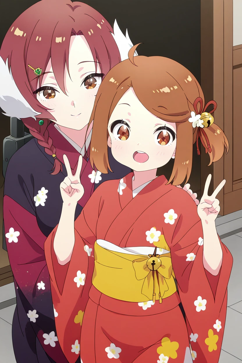 mmasterpiece, best quality, curvy, beautiful eyes, 2girls, zzChiyo, brown eyes, ahoge, brown hair, hair bell, hair flower, hair ornament, hair ribbon, one side up, short hair, side ponytail, japanese clothes, kimono, flower, red kimono, floral print, bell, jingle bell, swept bangs, print kimono, zzYuugiri, red eyes, hair between eyes, hair flower, hair ornament, hair over shoulder, hairclip, long hair, red hair, short hair, twin braids, kimono, japanese clothes, jewelry, earrings, (v), open mouth, cowboy shot, smile, looking at viewer, shiny skin, <lora:PrimaDoll_Style_IXL:1.0>,