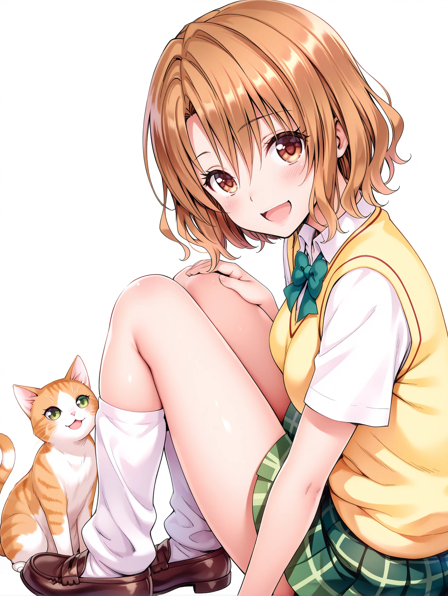 masterpiece,best quality,amazing quality,1girl,solo,
<lora:risa_ilxl_v1:1>,momioka,brown hair,brown eyes,
m_clothes,short sleeve blouse,school uniform,sweater vest,green plaid skirt,loose_socks,loafers,
<lora:Fixhands_anime_bdsqlsz_V1:1>,cat,open mouth,smile,hair ornament,animal,:d,looking at viewer,sitting,blush,simple background,white background,