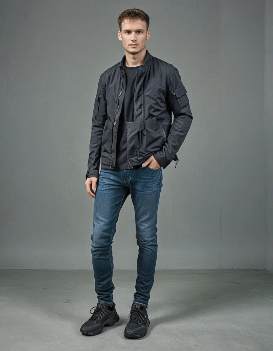 <lora:Modern_Casual_Street_Style-000017:1> moderncasual minimal techwear jacket casual with dark jeans