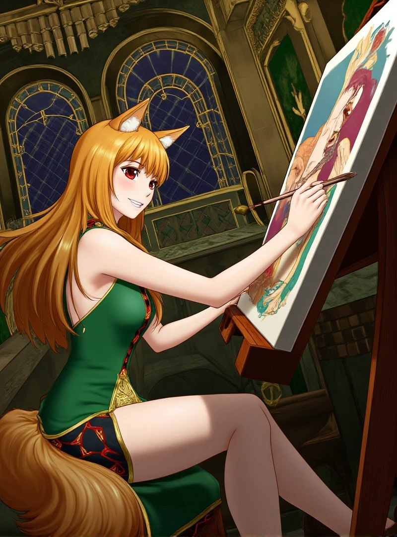 <lora:holo-the-wise-flux:0.9> Holo
A graceful young woman inspired by Holo is painting a picture in an Art Deco style. Her slender, elegant hands hold a paintbrush delicately as she adds vivid strokes to the canvas. She sits at an ornate easel, fully immersed in her art, surrounded by a luxurious Art Deco interior. The room features geometric patterns, metallic accents, and rich textures. Her outfit is a sleek, form-fitting dress with a deep neckline and bold geometric embroidery, complemented by her wolf ears and tail, adding a touch of mystique. The background showcases shimmering gold and bronze details, symmetrical designs, and stained-glass windows. The color palette combines deep emeralds, golds, and blacks, radiating sophistication. The painting she works on seems to come alive with vibrant colors, embodying the spirit of modernism.