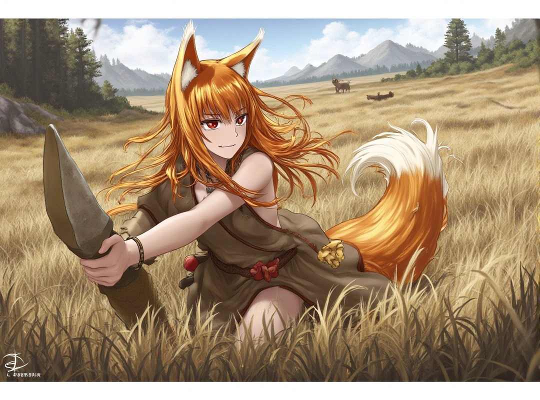 <lora:holo-the-wise-flux:1> Holo
The image depicts a wild Holo from the Stone Age hunting in a primal environment. Her long, fiery hair flows freely in the wind, with her signature fox ears prominently visible atop her head. She is dressed in simple clothing made of roughly processed animal skins, worn directly over her body. In her hands, she confidently holds a stone spear with a sharp tip, ready to strike at her prey.
The scene is set in a wild, untamed landscape: tall grass, rocky outcrops, and sparse trees surround her. In the distance, traces of animals can be seen. Her expression reflects a mix of determination and the thrill of the hunt, her body slightly crouched in a combat-ready stance. Her gaze is focused straight ahead, as if spotting movement in the grass.
Style:
Realistic fantasy with elements of historical accuracy. Detailed fur textures on her clothing, the earth and grass textures, as well as the primitive tools, enhance the realism of the scene.
Camera:
The camera is positioned at a medium level, slightly to the side, capturing her profile and action. Light filters softly through the sparse trees, adding drama to the scene.