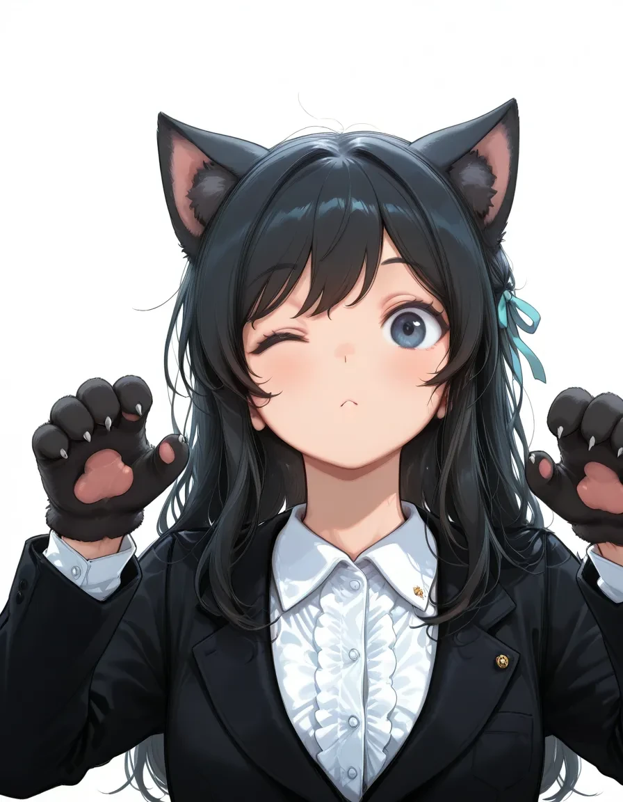 <lora:eigatore_V2:0.8> eigatore, ribbon, hair ribbon,black hair, 
1girl,solo,
shirt, black jacket, long sleeves,black jacket, long sleeves, shirt, collared shirt, white shirt, frills,
 cat pose, paw pose, ((cat paws)), one eye closed, tonguefrom below, standingsimple background, 
<lora:0d28507d-6abc-443d-9c00-5f399ab8c7eb.TA_trained:0.5>,
**,
(masterpiece, best quality), amazing quality, very aesthetic, absurdres, highres, newest,
safe, general,