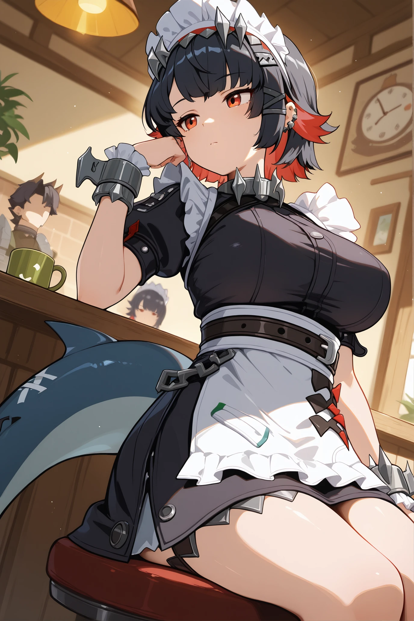 masterpiece, best quality, best angle, amazing quality, best resolution, <lora:EllenJoe:0.6>, (solo), 1girl, shark girl , Ellen Joe, zenless zone zero characters, zenless zone zero breasts, short hair, bangs, multiple girls, large breasts, black hair, red eyes, dress, jewelry, sitting, tail, short sleeves, red hair, multicolored hair, earrings, frills, solo focus, indoors, black dress, cup, wrist cuffs, maid, maid headdress, piercing, ear piercing, maid apron, 
<lora:illustrious_best_quality_v1:0.8>, <lora:xmc_v0.3_noobai_cwhj:0.8>,