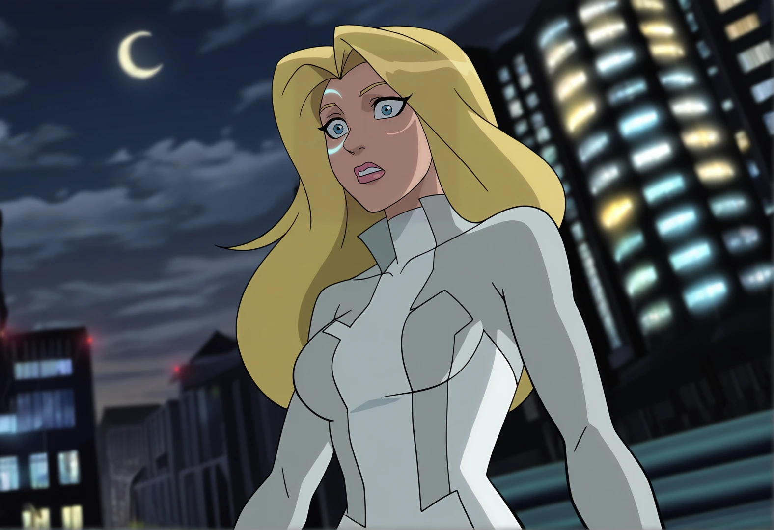 masterpiece,absurdres,best quality,very aesthetic,newest,volumtric lighting,female,solo,dggr,blonde hair, long hair, parted bangs, blue eyes, crescent moon tattoo,face tattoo,pink lips, white bodysuit, long sleeves, gray bodysuit, multicolored bodysuit, high collar,<lora:Ultimatespidermanstyle:0.75>,ultsm99,city,outdoors,shocked,