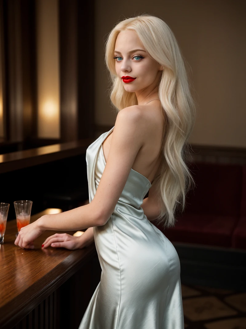 A dynamic cinematic photograph of Jenna_Sims_P_MXAI wearing aan elegant silk coctail dress, flirty smile, in an elegant dimly lit cocktail bar, shot from the side