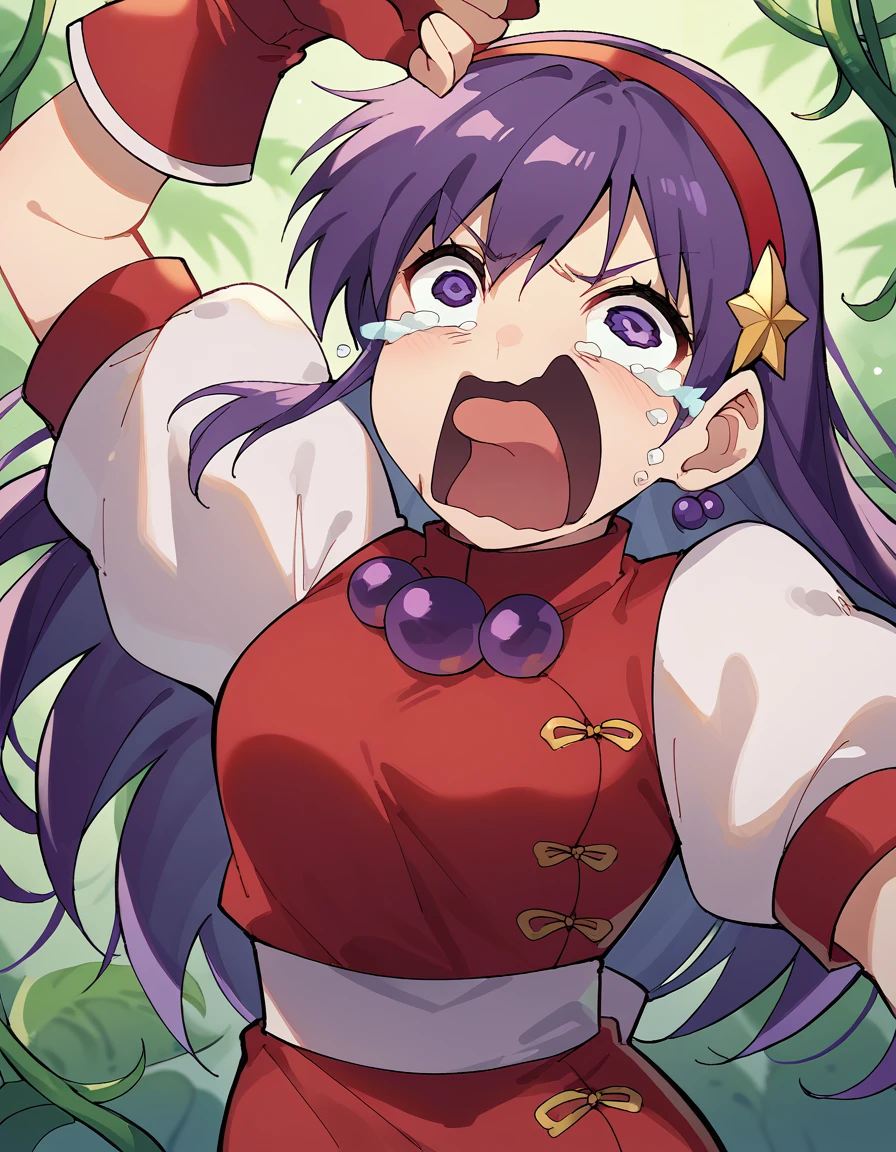 score_9, score_8_up, score_7_up, source_anime, <lora:athena-asamiya-kof98-ponyxl-lora-nochekaiser:1>, athena asamiya, long hair, hair ornament, purple eyes, purple hair, hairband, star (symbol), star hair ornament, red hairband,, gloves, jewelry, pants, fingerless gloves, necklace, bead necklace, chinese clothes, dress, red dress, puffy sleeves, short sleeves, white sleeves, red gloves,, jungle, dense, wildlife, vines, green, , <lora:crying-aqua-ponyxl-lora-nochekaiser:1> crying aqua, crying aqua (meme), screaming, crying, crying with eyes open, tears, tongue, open mouth,, looking at viewer, solo,, cowboy shot, solo