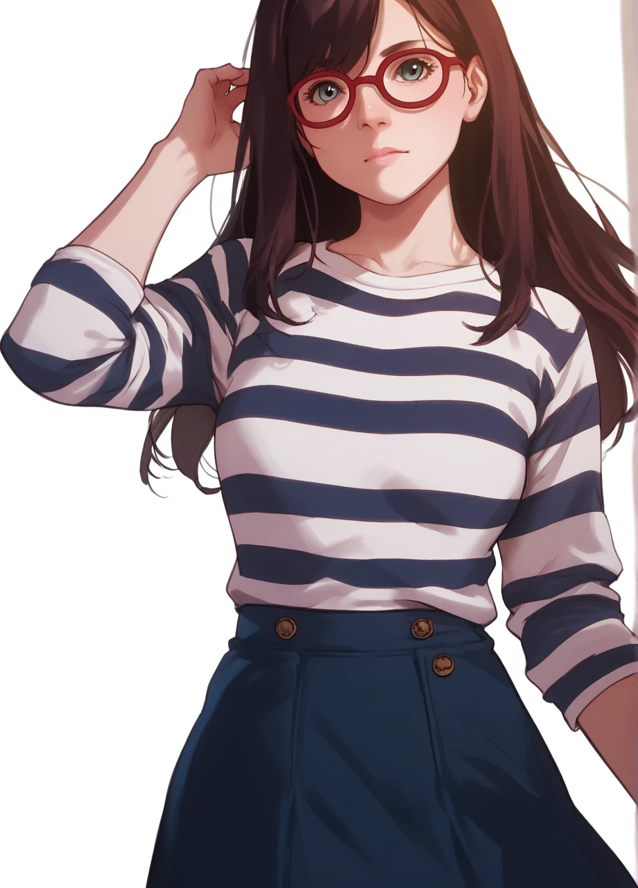 <lora:yukino_komori_(sleepless)-PD-1.0:1> yukino komori, brown hair, red-framed eyewear, striped shirt, skirt, 1girl, solo, cowboy shot, white background, score_8_up, score_7_up, score_6_up, score_5_up, score_4_up,