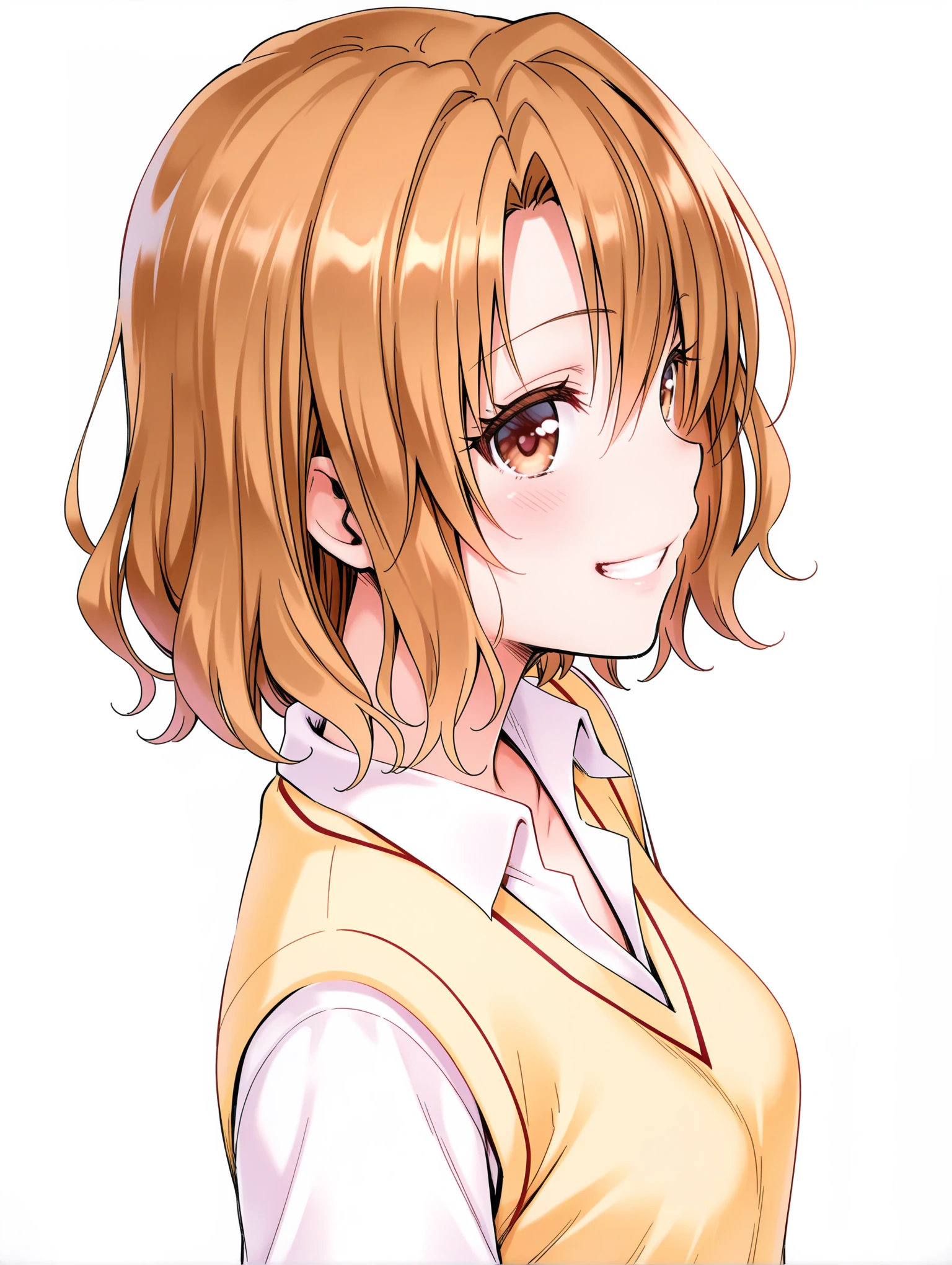 masterpiece,best quality,amazing quality,1girl,solo,
<lora:risa_ilxl_v1:1>,momioka,brown hair,brown eyes,
m_clothes,short sleeve blouse,school uniform,sweater vest,<lora:Fixhands_anime_bdsqlsz_V1:1>,
looking_at_viewer,
light_blush,cinematic_angle,looking_at_viewer,full body,white_background,simple_background,upper_body,face_focus,grin,smile,profile,