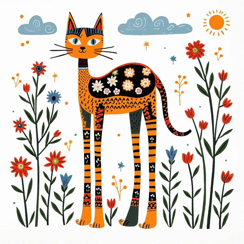 A cute cat with long legs, flowers, clouds, trees, in the style of Edward Tingatinga, in a whimsical folk art style with vivid colors, white background