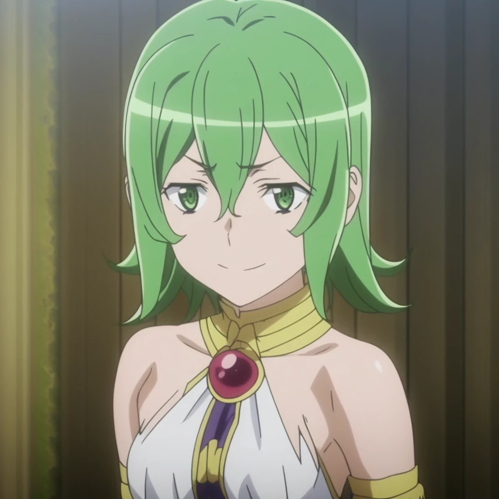 minazuki, 1girl, solo, breasts, short_hair, open_mouth, bangs, cleavage, hair_between_eyes, bare_shoulders, medium_breasts, green_eyes, upper_body, ahoge, small_breasts, outdoors, green_hair, scarf, vest, strapless, armlet, bandeau, tube_top, open_vest, green_scarf, anime_coloring