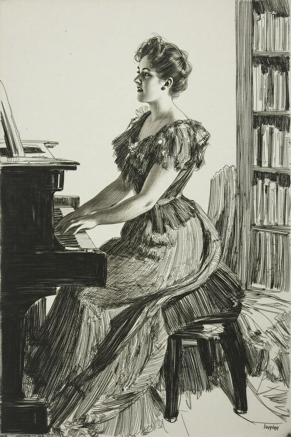 anzo1 black and white etching.
The woman is positioned in profile, facing to the right, with her head slightly tilted and looking towards the piano. She has a delicate, feminine figure, dressed in a flowing, high-waisted dress with a ruffled bodice and a skirt that extends to the floor. Her hair is styled in a loose, curly manner typical of the Victorian era. <lora:anzo1_nocap_d6a3:1.0><lora:815140773944161739:0>