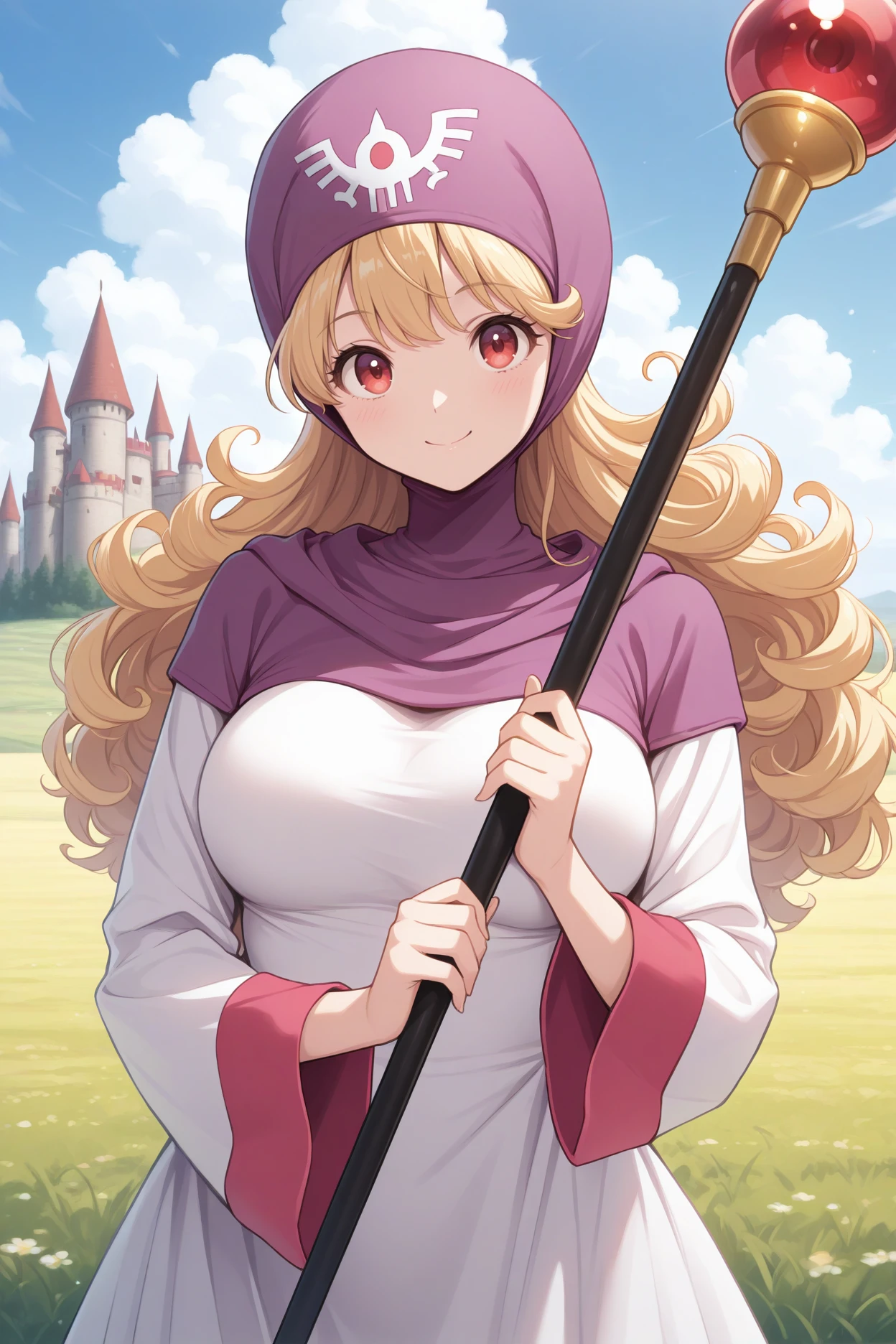 masterpiece, best quality, 1girl, solo,  <lora:dqpom-illu-nvwls-v1-000005:1> dqPom, purple hood, hood up, blonde hair, curly hair, long hair, red eyes, white robe, long sleeves, looking at viewer, smile, blue sky, field, holding staff, clouds, breasts, happy, castle