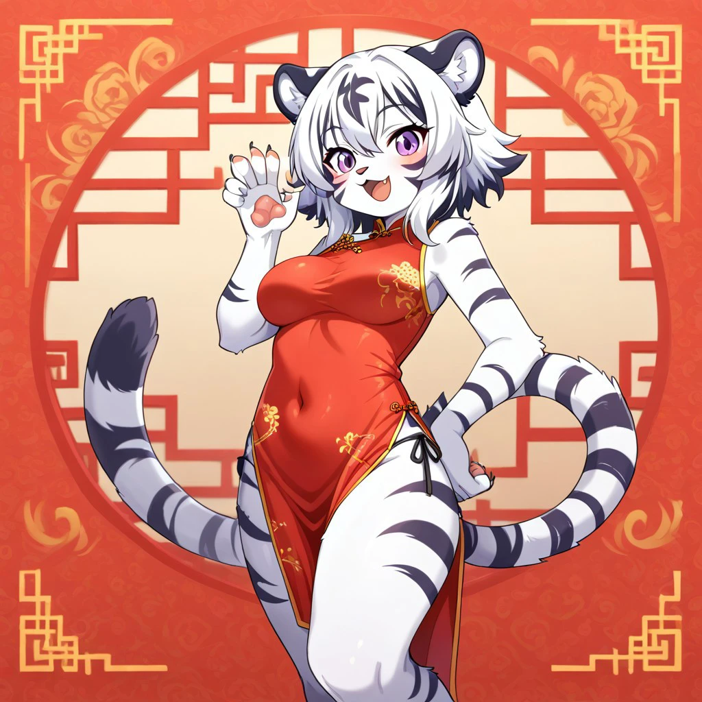 Fox Girl, furry, (middle saggy breast:1.2), ( china dress:1.5), Bedroom Eyes, throw,mesugaki, 