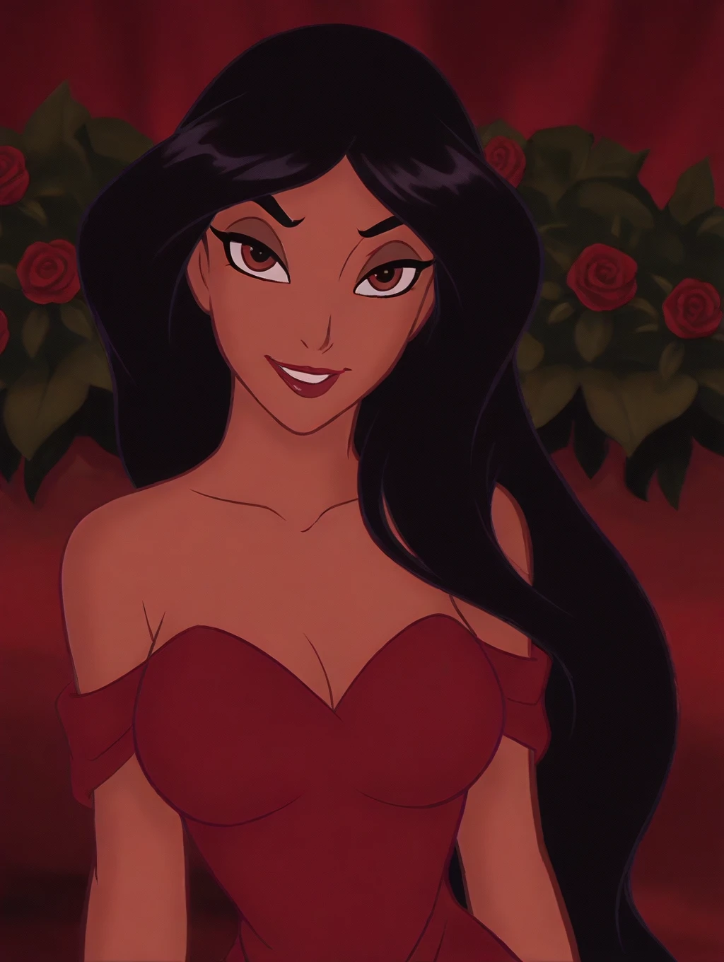 masterpiece, high quality, princess-jasmine, red evening gown, loose hair, hooded eyes, seductive, smirking, portrait, rose bushes in background, nighttime <lora:wainsfw-princess-jasmine-200-64:1.1>
