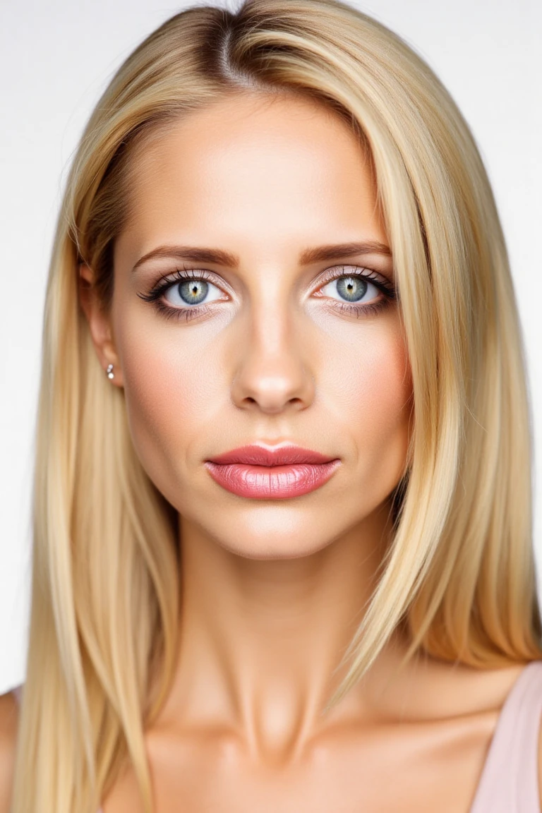 close up face portrait of sarahmflx, a blonde woman in martincstyle look plain white studio backdrop, framed centered