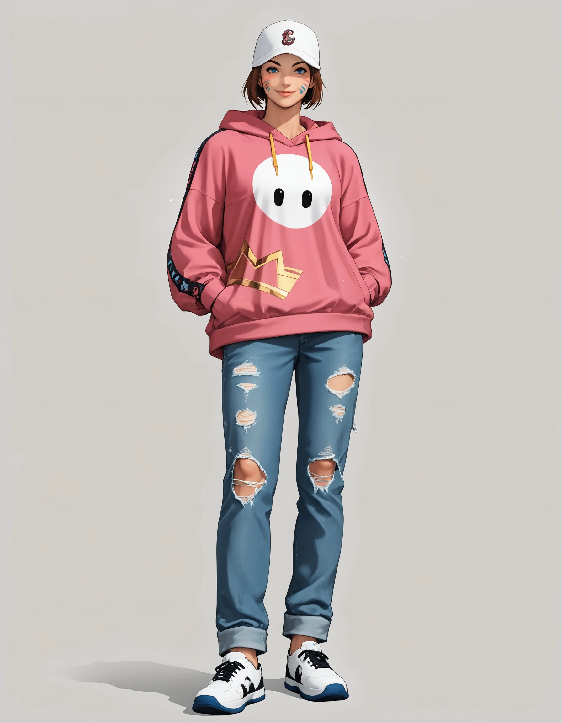 score_9, score_8_up, score_7_up, score_6_up, score_5_up, score_4_up, G3NTL3B34N, 1girl, solo, pants, hood, hat, denim, hoodie, brown hair, jeans, shoes, hood down, full body, blue eyes, short hair, sneakers, pink hoodie, baseball cap, white headwear, drawstring, standing, smile, hands in pockets, simple background, facial mark, lips, looking at viewer, torn pants, cinematic lighting, cinematic angle, source_anime, <lora:6e105735-83ba-4f0e-9bf0-d07f116e51d9:0.7>