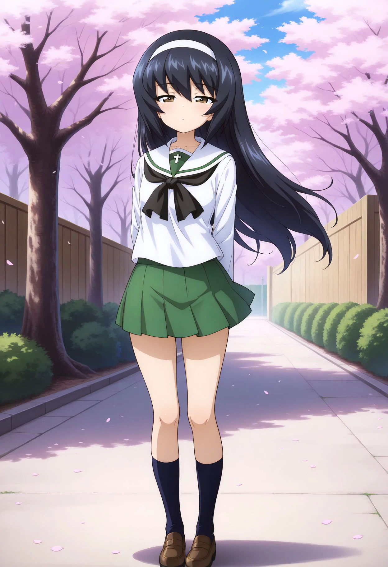 masterpiece, high score, great score, absurdres,  <lora:Reizei  illu:1>, arms behind back, standing, outdoors, cherry blossoms, half sleeped, half closed eyes,  reizei mako, long hair, black hair, white hairband, brown eyes, ooarai school uniform,white sailor collar,black neckerchief,white shirt,long sleeves,green skirt,black socks,loafers