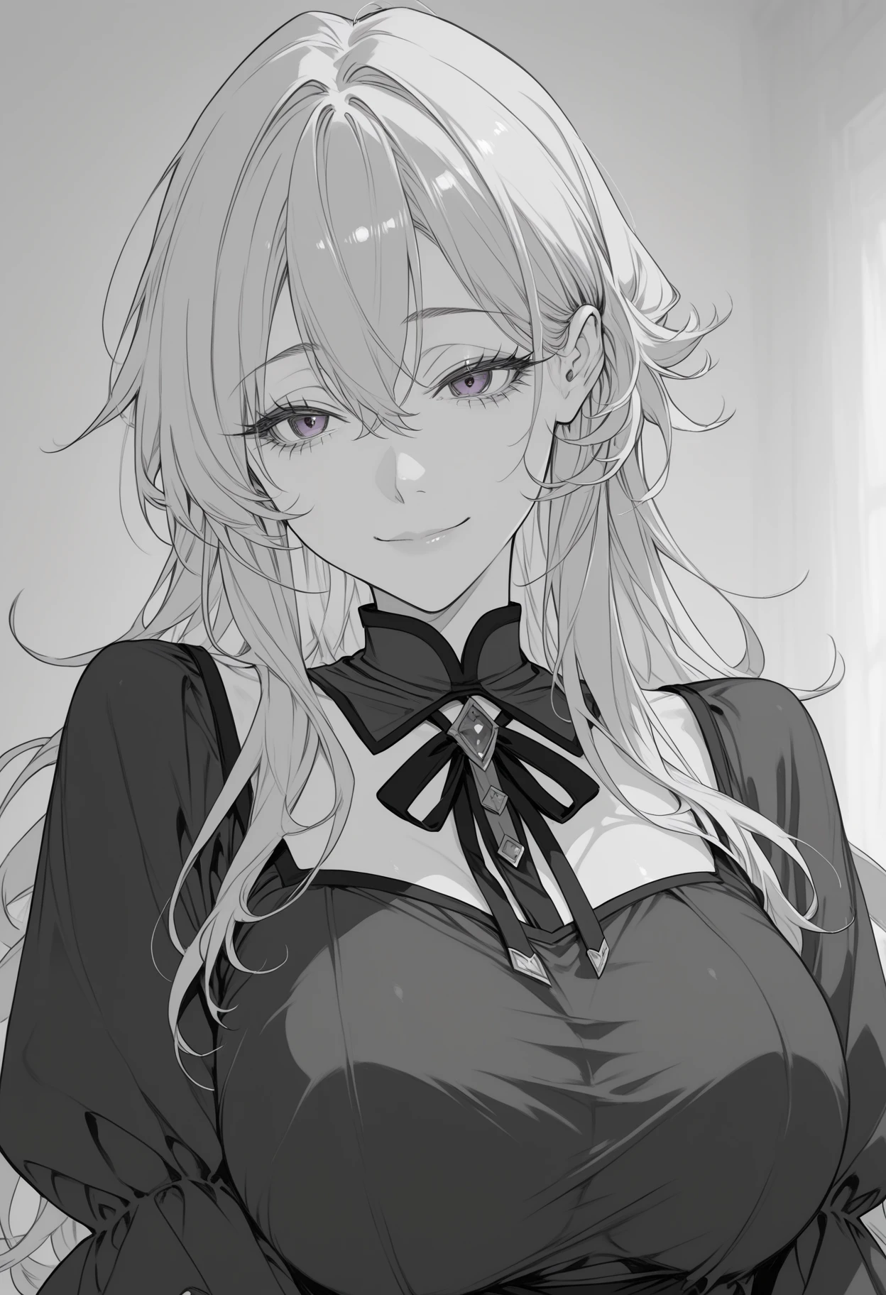 (yakumo yukari), monochrome, greyscale,  1girl, alternate costume, blonde hair, breasts, dress, hair between eyes, large breasts, long hair, purple eyes, smile, solo, upper body, eyelashes, 