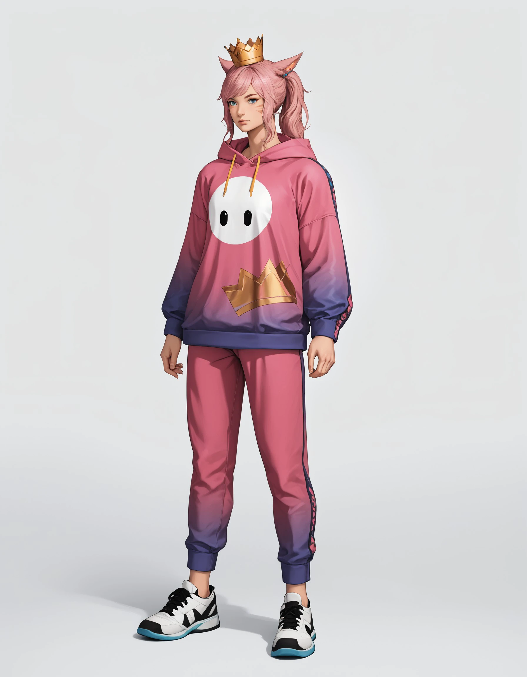 score_9, score_8_up, score_7_up, score_6_up, score_5_up, score_4_up, G3NTL3B34N, 1girl, solo, crown, animal ears, shoes, pink hair, hoodie, pants, ponytail, hood, full body, pink pants, miqo'te, cat ears, sneakers, simple background, standing, watermark, long sleeves, purple pants, <lora:6e105735-83ba-4f0e-9bf0-d07f116e51d9:0.7>