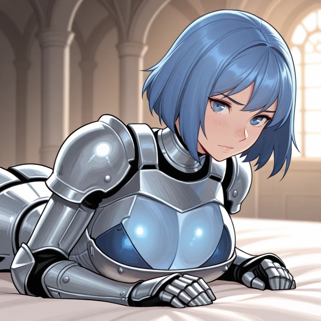 masterpiece, best quality, GlassBreastplate, glass breastplate, 1girl. solo, blue hair, short hair, blue eyes, crusader, knight, depth of field,   <lora:GlassBreastplate_illustrious_Leaf3-000011:1>, lying,