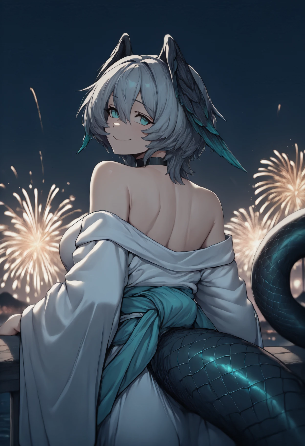 anime, masterpiece, best quality, from behind, solo, 1girl, hlykdef, snake tail, long tail, smile, looking back, short hair, grey hair, hair between eyes, head wings, feathered wings, aqua eyes, japanese clothes, white kimono, off shoulder, aqua sash, black choker, bare shoulders, outdoors, night, fireworks
<segment:yolo-Anzhc Face seg 640 v2 y8n.pt,0.4,0.5//cid=1>