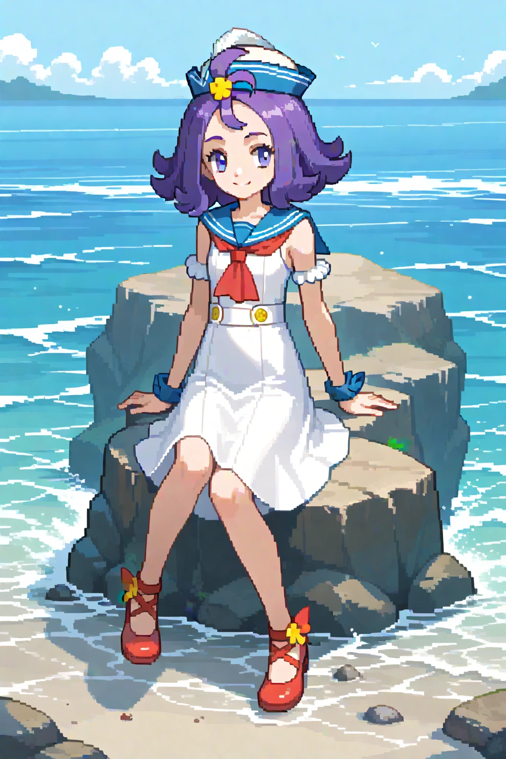 (1girl), solo, sitting, on rock, sea, feet_in_water, smile, sumacerola, [[acerola_\(pokemon\)]], medium_hair, purple_hair, purple_eyes, sailor_hat, white_hat, sleeveless_dress, white_dress, armlet, red_neckerchief, sailor_collar, shoes, red_footwear official_alternate_costume, , masterpiece,amazing quality, very aesthetic, high resolution ,ultra-detailed, absurdres, newest, source_anime, score_9, score_8_up, score_7_up