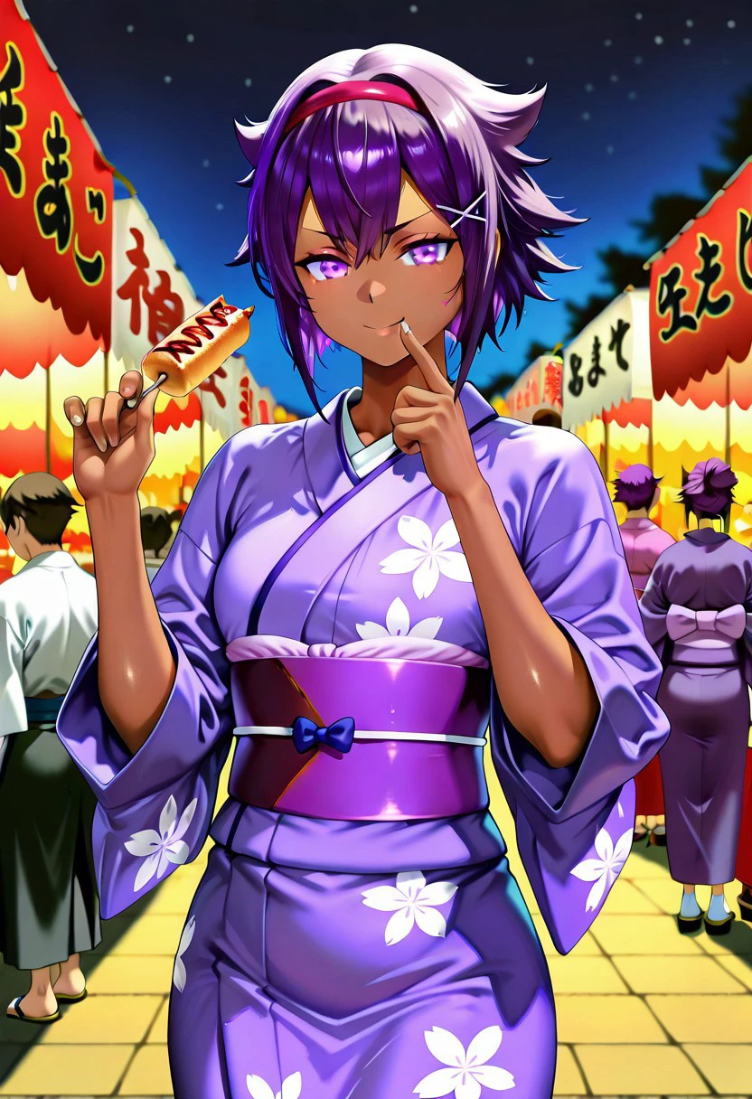 absurdres, 4k res, high quality, score_7_and_above, 1girl, solo, masterpiece, himari_dwno, purple eyes, purple hair, short hair, tan skin, kimono, festival, blurry background, nightime,  food in hand