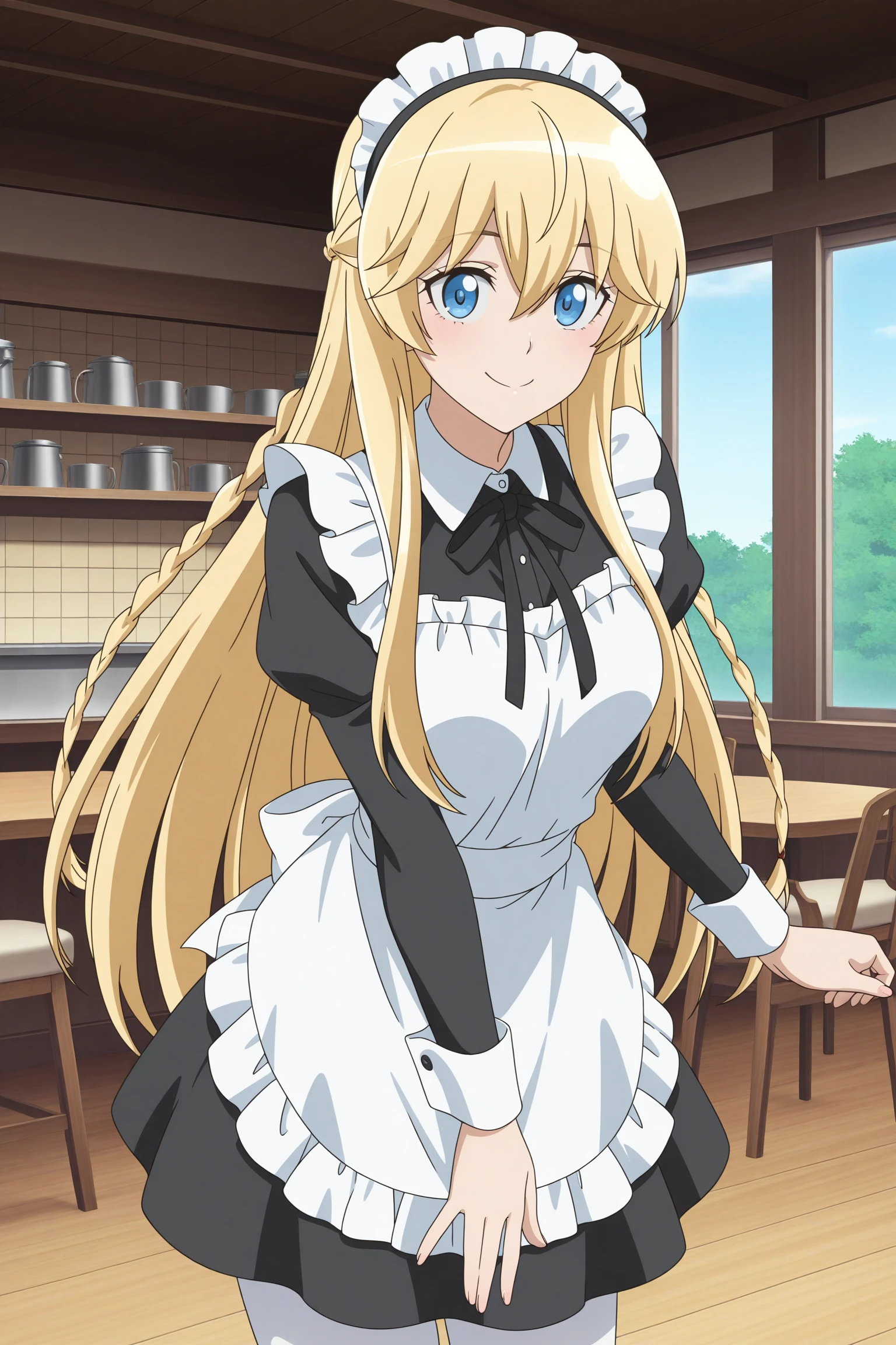 masterpiece, best quality, amazing quality, highres, absurdres, very aesthetic, high resolution, ultra detailed, perfect details, 1girl, solo, indoors, cafe, day, emilia, blonde hair, very long hair, long braid, half up braid, maid headdress, blue eyes, maid, black neck ribbon, black maid dress, white pantyhose, loafers, long sleeves, <lora:Emilia_ILXL:0.8>, (aged up:1.2), (cowboy shot), anime coloring, anime screencap, looking at viewer, (pose:1.2), smile