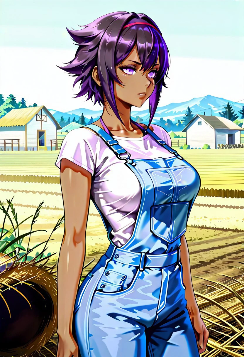 absurdres, 4k res, high quality, score_7_and_above, 1girl, solo, masterpiece, himari_dwno, purple eyes, purple hair, short hair, tan skin white shirt, medium breasts, overalls, outside, farm,