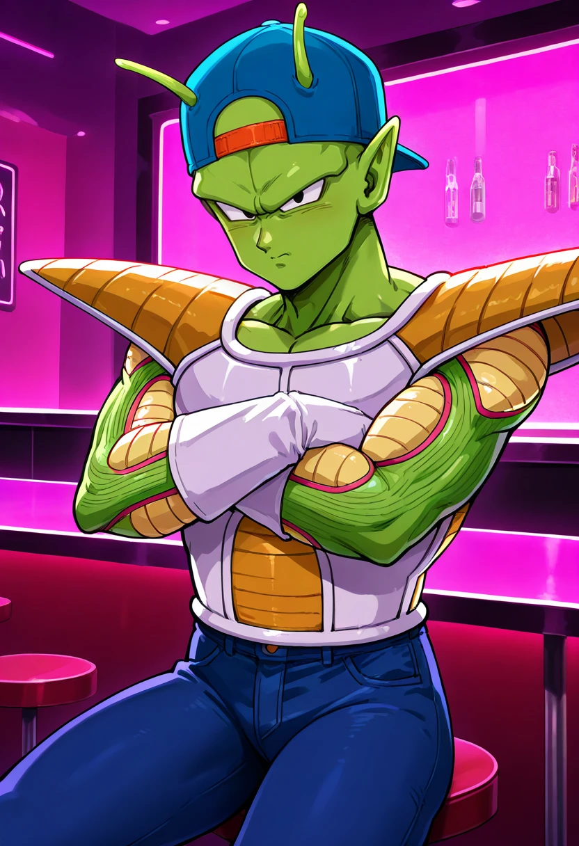 very awa, masterpiece, best quality, amazing quality, very aesthetic, high resolution, ultra-detailed, absurdres, newest,
cowboy shot, male focus, 1boy, solo, piccolo, dragon ball, v-shaped eyebrows, namekian, black eyes, green skin, antennae, pink patches, pointy ears, black eyes, blue baseball cap, backwards hat, jeans, white saiyan armor, shoulder pads, white gloves, crossed arms, sitting, strip club, bar stool,
<lora:Saiyan_Armor_IL-000014:1>,