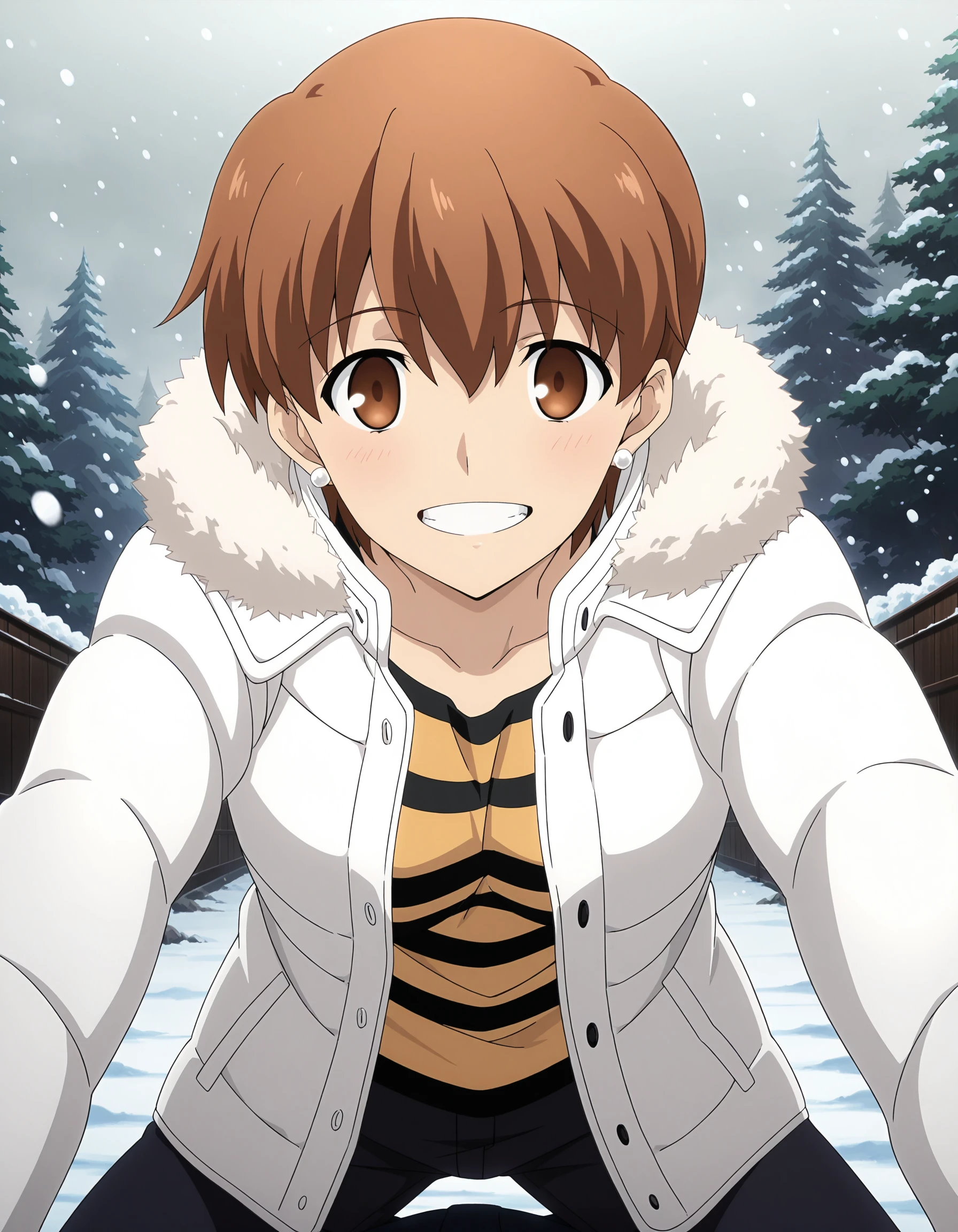 anime screencap, anime coloring, detailed face, official style
outside, snowing,
 <lora:Taiga_Fujimura_FateStay_Night_-_Illustrious:.7>Taiga Fujimura, 1girl, solo, short hair, brown eyes, expressive eyes, brown hair, striped clothes, coat, open coat, earrings, jacket, happy ????, big smile, (teeth on top row only), mouth open, looking at viewer, jewelry, Taiga white coat (outfit), pants, cowboy shot