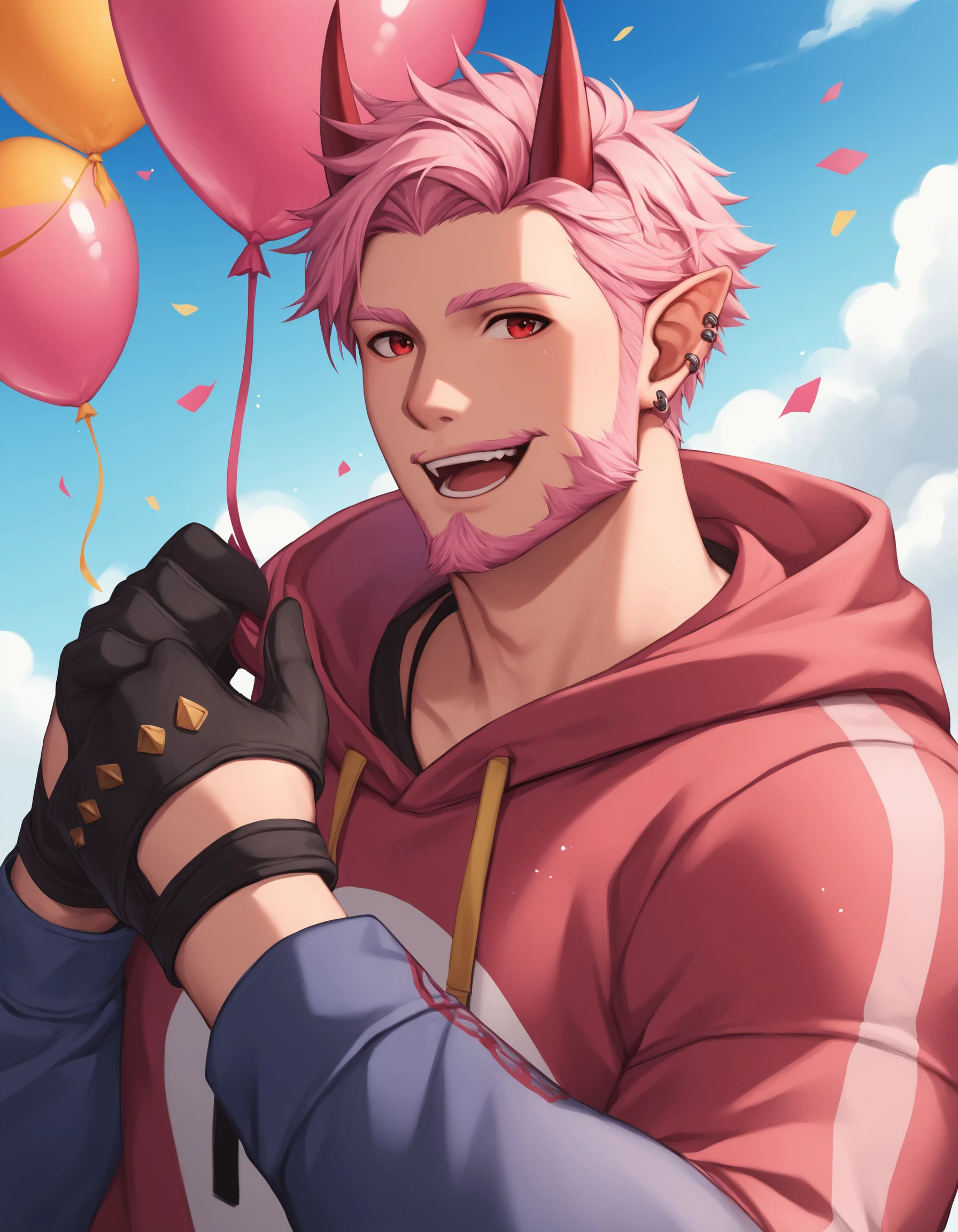 score_9, score_8_up, score_7_up, score_6_up, score_5_up, score_4_up, G3NTL3B34N, 1boy, male focus, horns, facial hair, solo, pink hair, hood, hoodie, animal ears, jewelry, short hair, earrings, balloon, looking at viewer, upper body, piercing, ear piercing, open mouth, smile, goatee, gloves, teeth, red eyes, long sleeves, hood down, sky, beard, <lora:6e105735-83ba-4f0e-9bf0-d07f116e51d9:0.7>