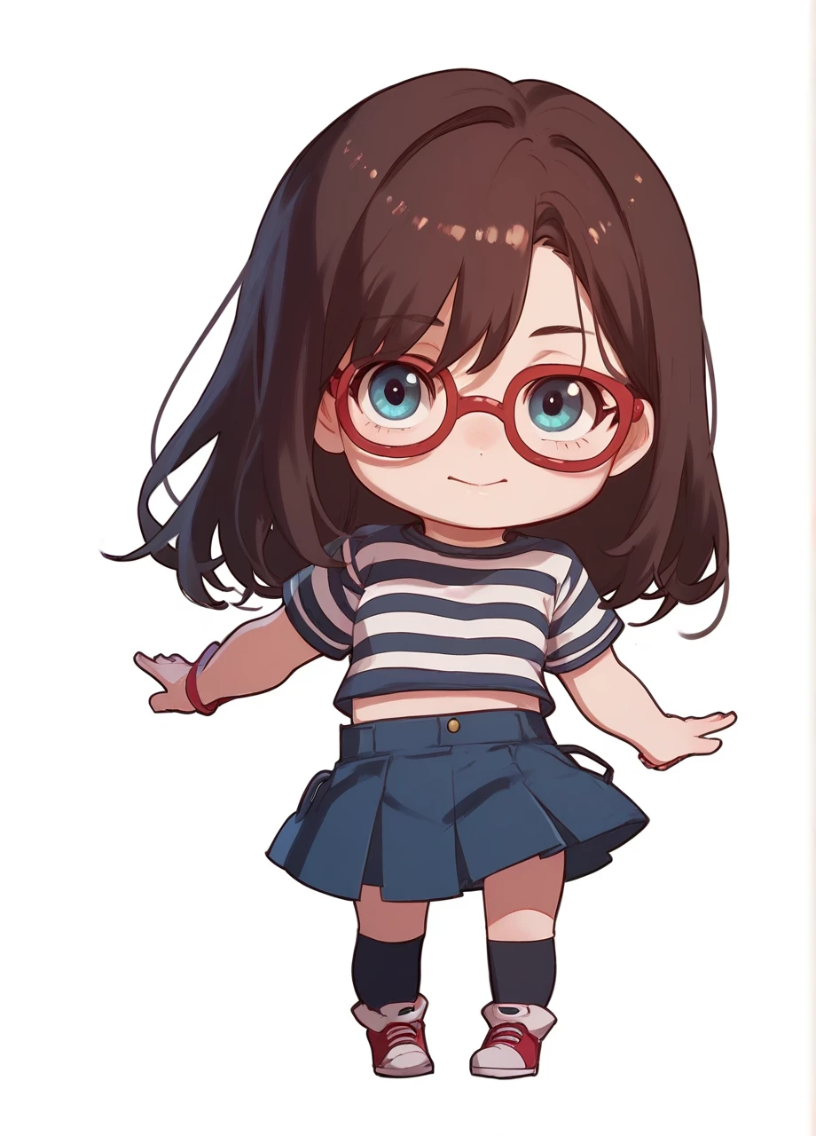 <lora:yukino_komori_(sleepless)-PD-1.0:0.8> yukino komori, brown hair, red-framed eyewear, striped shirt, skirt, 1girl, solo, full body, chibi, white background, score_8_up, score_7_up, score_6_up, score_5_up, score_4_up,