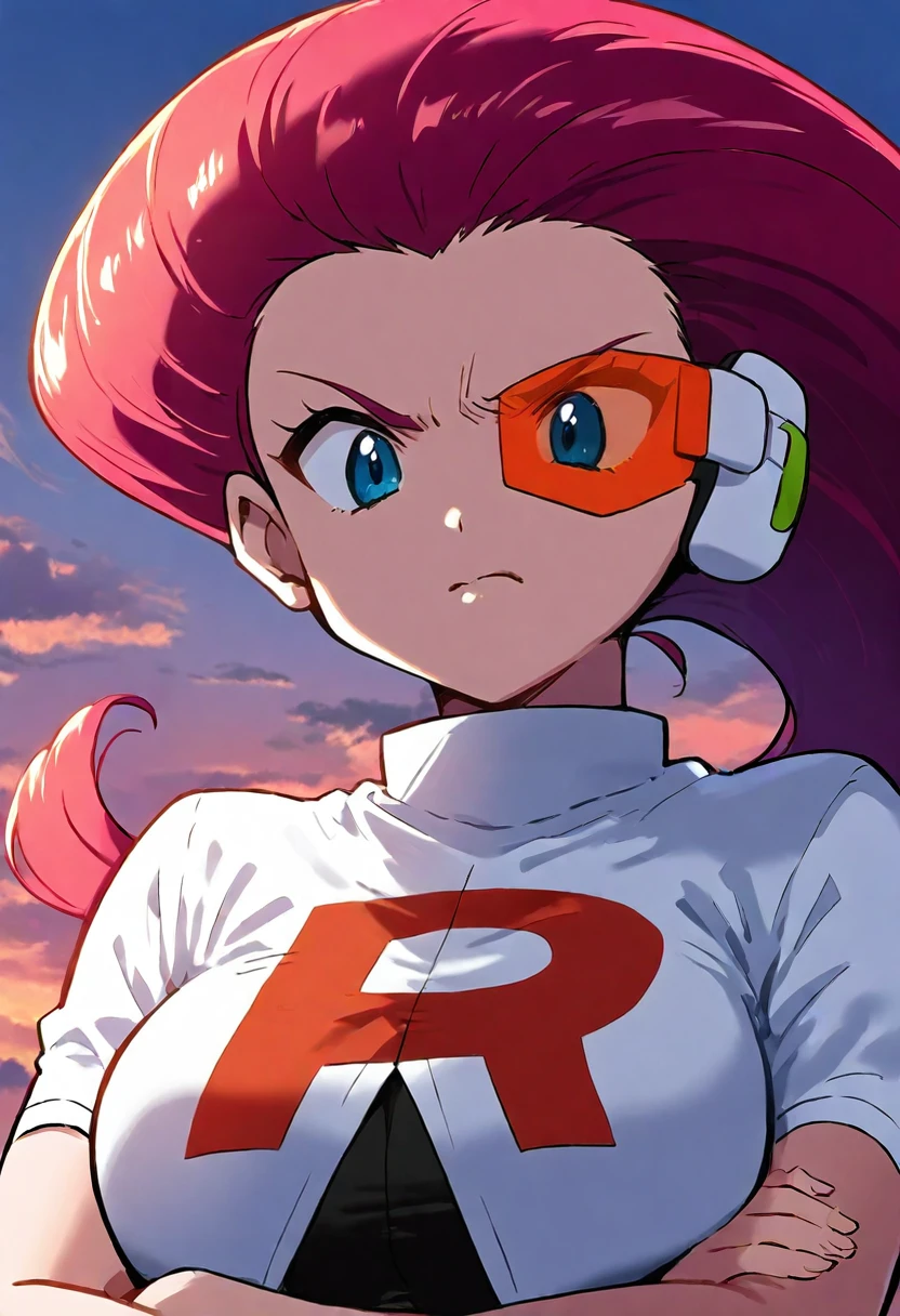 1girl, jessie \(pokemon\), red scouter, arms crossed, angry, cloud, sky
<lora:Saiyan_Armor_IL:1>