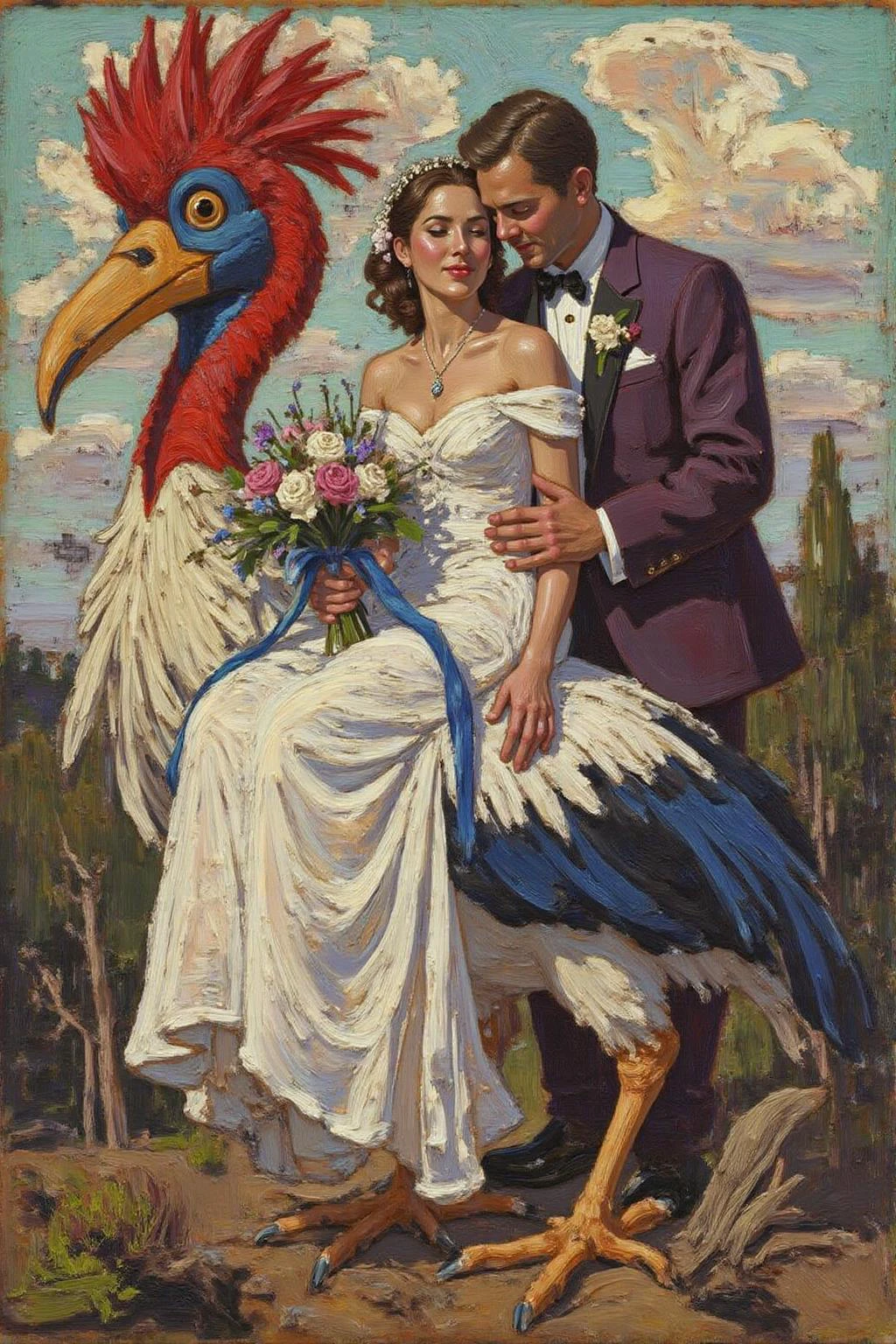 tomthom1 painting.
A romantic scene with a couple, a woman, and a man, set against a dreamlike, fantastical backdrop. The woman, dressed in a flowing white wedding gown, is seated on the back of a stylized giant bird with a prominent red comb and a blue body. She holds a bouquet of flowers in her left hand and a blue ribbon in her right hand, which is resting on the man's shoulder. The man, dressed in a deep purple suit, embraces her from behind, with his head resting on her shoulder <lora:tomthom1_cap_d6a3:1.0><lora:815396105454893293:0>