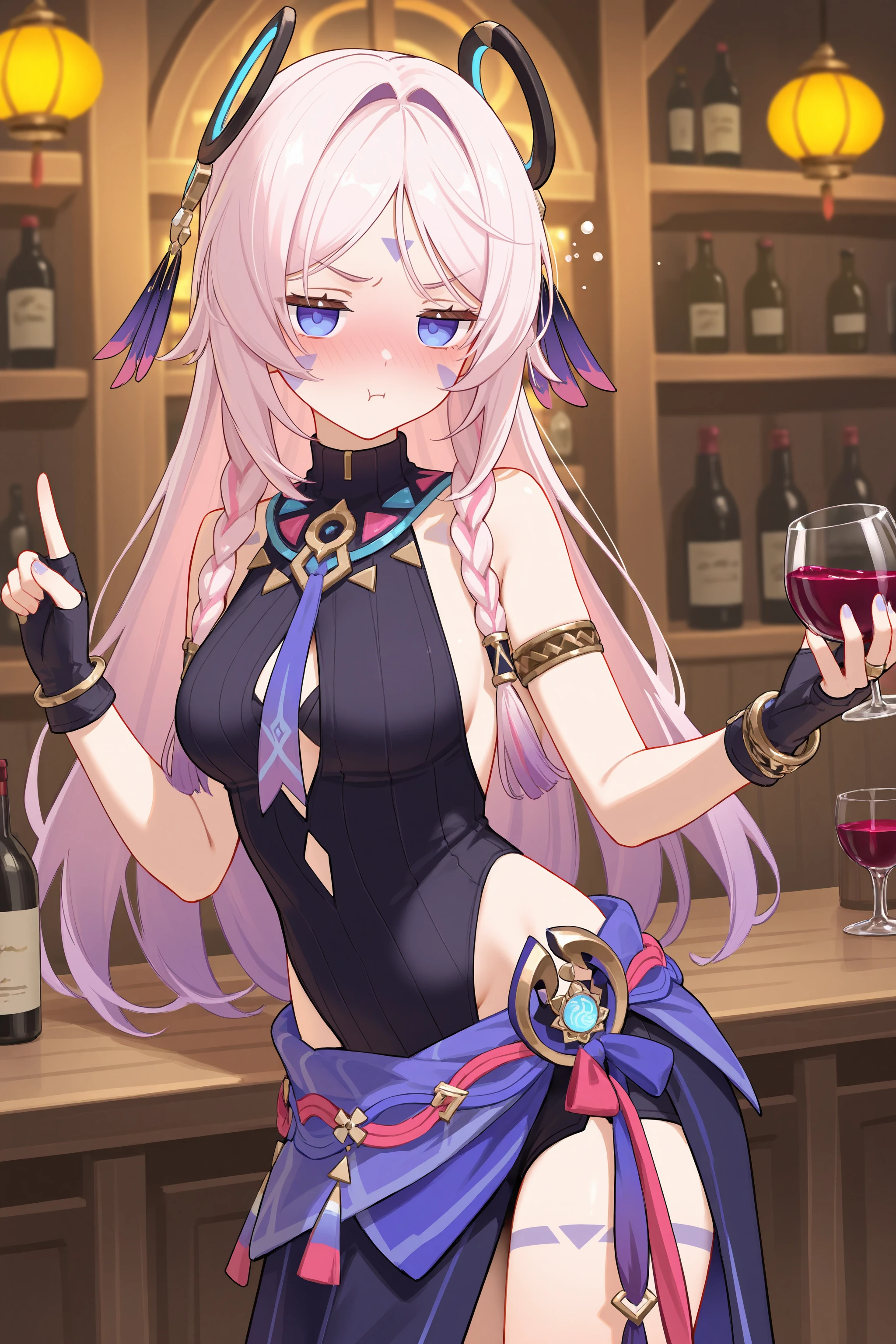 1girl, citlali \(genshin impact\), fingerless gloves, armlet, sarong, facial mark, bracelet, ring hair ornament, turtleneck leotard, leg tatoo, single gauntle, cowboy shot, standing, jitome, pout, drunk, looking at viewer,  index finger raised, bar \(place\), wine glass, indoors, depth of field , <lora:Char-Genshin-Citlali-V1-IL:0.9:hr=0.4>
masterpiece, best quality, amazing quality, very aesthetic, absurdres, perfect features, perfect body, intricate details, ray tracing, (ask \(askzy\), hiten \(hitenkei\), wlop:0.6)